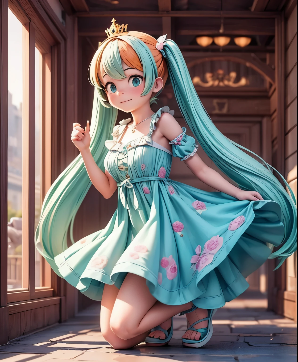 (masterpiece、highest quality、highest quality、Official Art、Beautiful and beautiful:1.2)、(One girl:1.3)Hatsune Miku、Twin tails,Big Breasts, (3D Animation:1.2, one piece:1.1 manga), High-quality 3D modeling, Detailed Texture, beautiful shadows, (Where you live:1.3), Dynamic pose, Royal Representations, (Alabasta:0.9, city:0.9, palace:0.9), Royal insignia, loose fitting dress, Orange Hair, (mascot:0.8), Bright green eyes, Attractive charm.