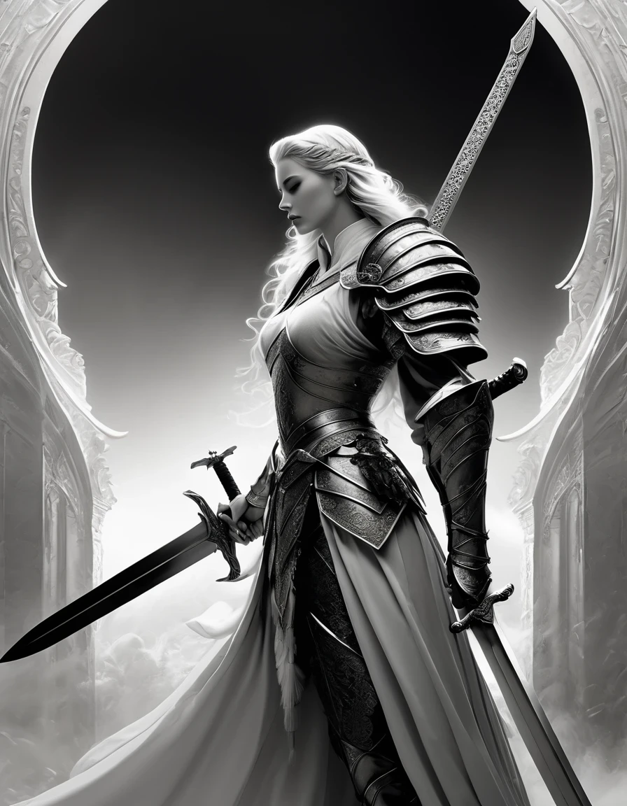 in style of Lillian Bassman,(Sword bearer),(The giant sword stands tall),(best quality,4k,8k,highres,masterpiece:1.2),ultra-detailed,(realistic,photorealistic,photo-realistic:1.37),in style of Scarlett Hooft Graafland,side view,Sword Warrior,ink art,warrior,graceful pose,dramatic lighting,black and white,contrast,highly detailed ink lines,delicate ink texture,subtle ink shading,ethereal atmosphere,unique composition,artistically crafted background,elegant figure,fierce expression,flowing hair,sharp facial features,emotive eyes,majestic presence,ceremonial armor,sword held with precision,strikingly decorative elements,enchanting aura,intense gaze,showcasing strength and vulnerability,sublime and captivating artistry
