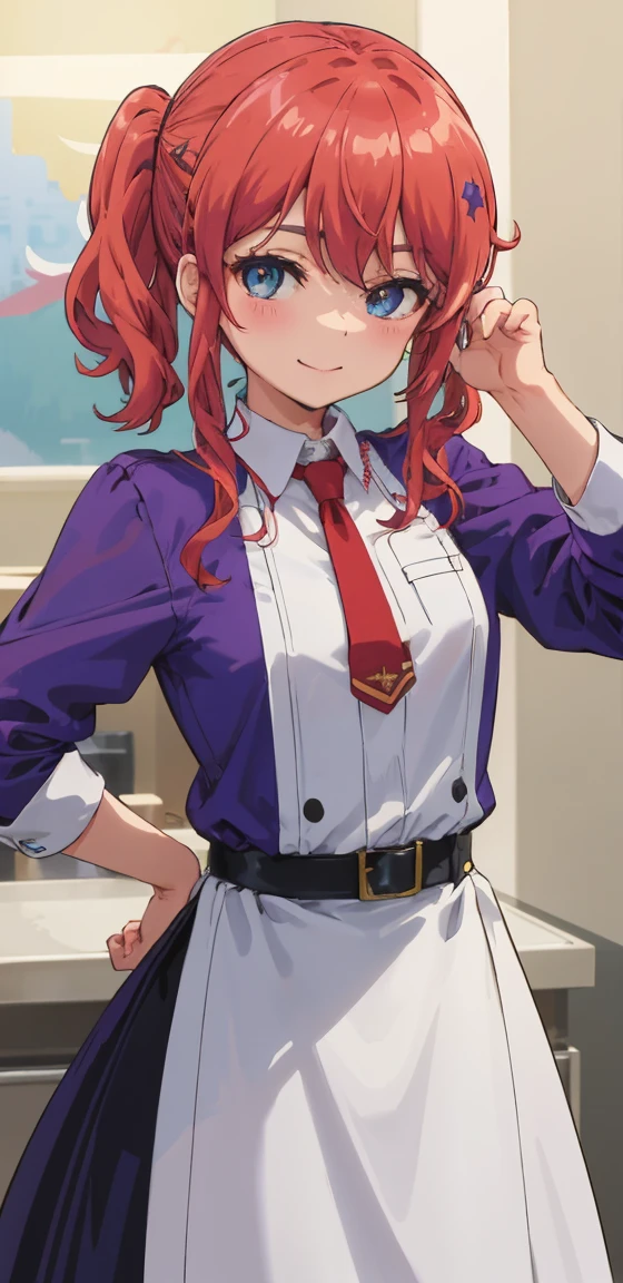 best quality, (chef-d'artwork:1.2), Very detailed, debout, Rue,
1fille, Seulement, akatsuki minami,
regarder le spectateur, Closed mouth, SOURIRE, slight redness,
yeux bleus, cheveux bruns, queue de cheval, arc de cheveux, Sans manches, ((fille dominante, jupe en latex, chemise en latex)),(superior_corps)