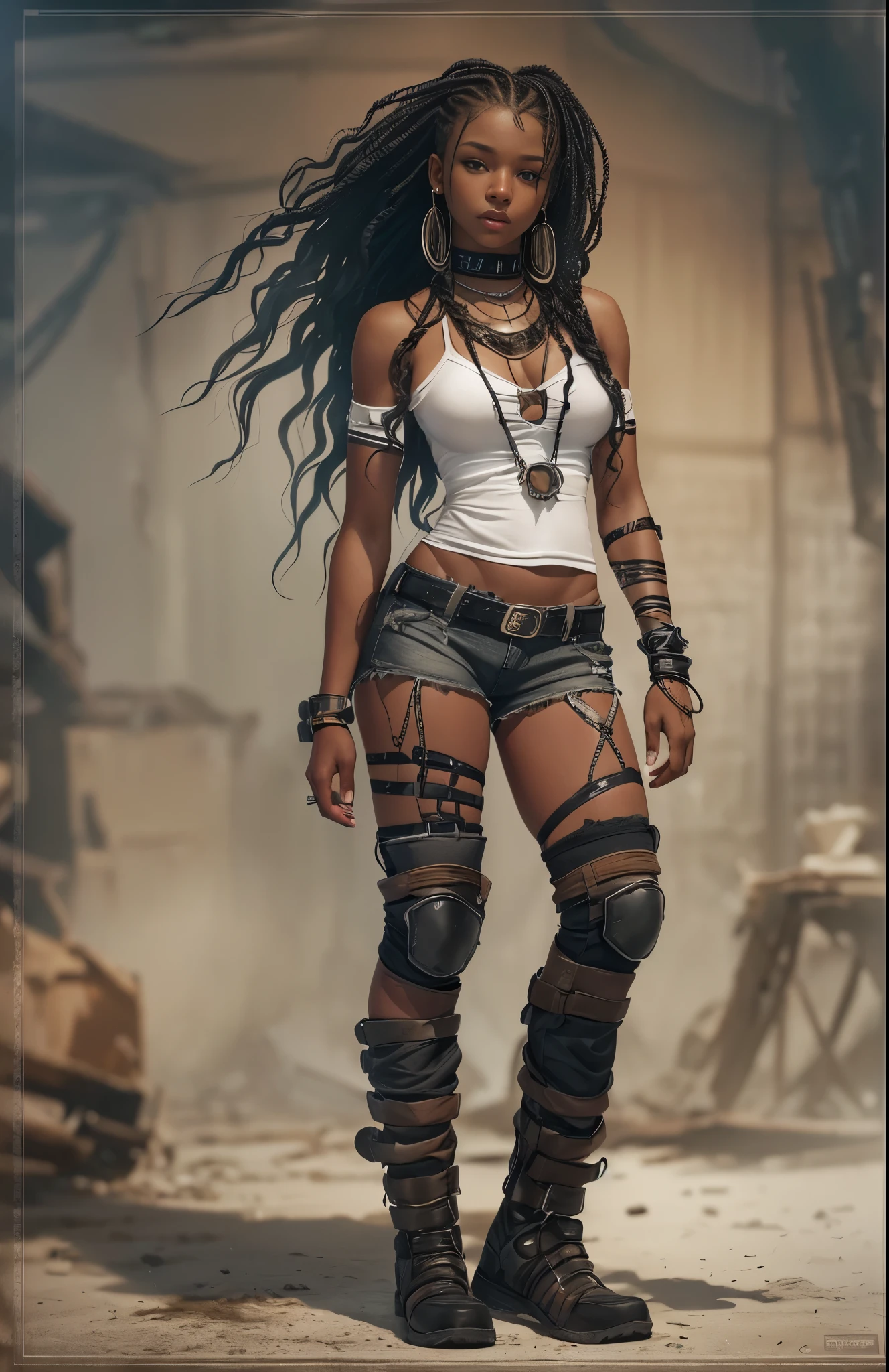 ((21-year-old))) black girl, (((light skin))), (((close-up full body pose))), (((long wavy black hair))), (((silk thigh highs with skimpy shorts))), (((wearing post-apocalyptic clothing, short sleeve white shirt, unbuttoned half way))), african tribal tattoo sleeve, dark fantasy art, Rich, Deep Colours, (intricate details:0.9), (HDR, hyper-detailing:1.2), (natural skin textures, hyper realisitc, soft light, Sharp),