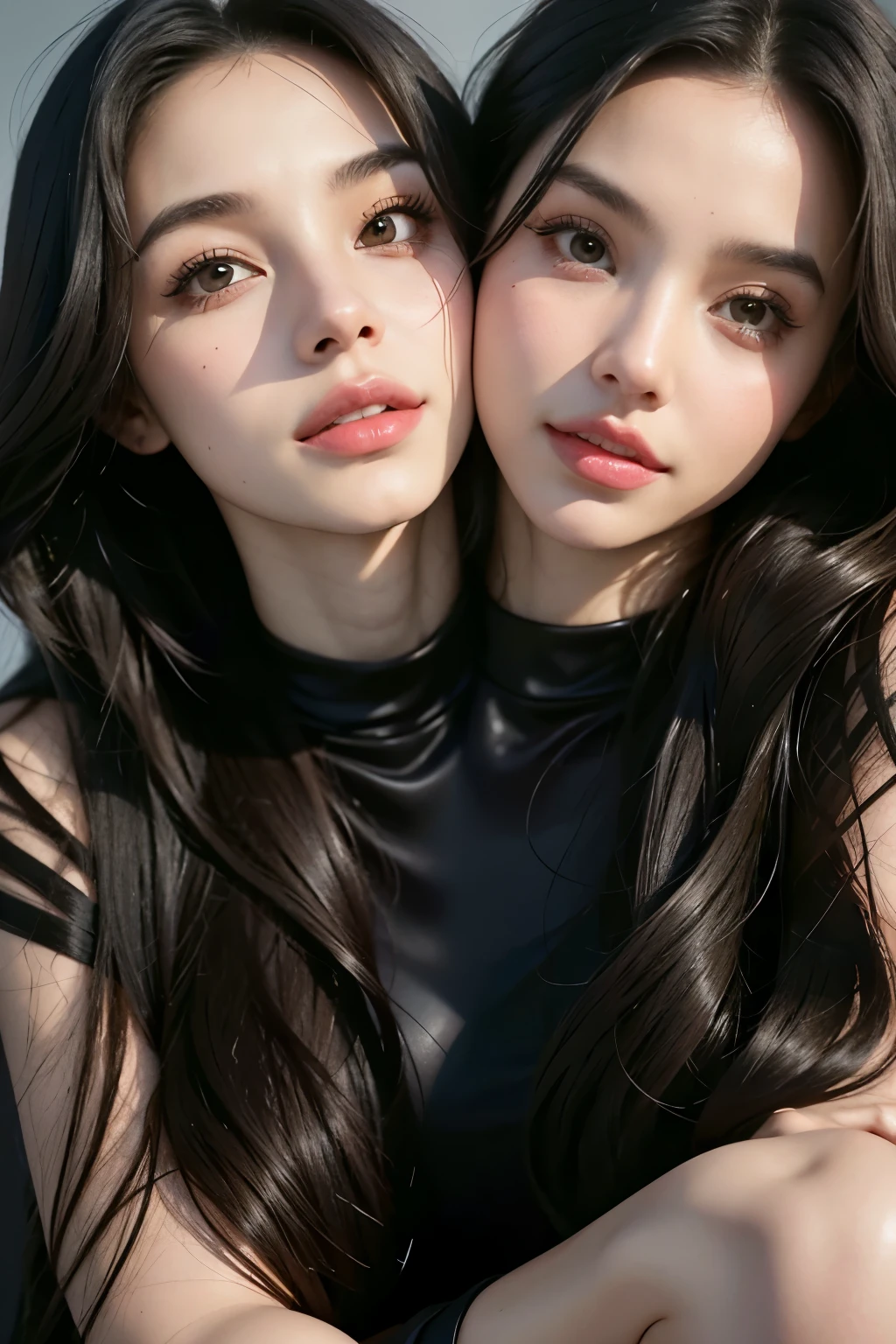 bestresolution, (2heads:1.2), two women are posing for a picture together in a studio, beautiful gemini twins portrait, beautiful gemini twins, beautiful highly symmetric faces, gorgeous faces, beautiful sci - fi twins, two girls, sisters, with a twin, photoshoot for skincare brand, beautiful faces, both smiling for the camera, two models in the frame, lana del rey and zoë kravitz