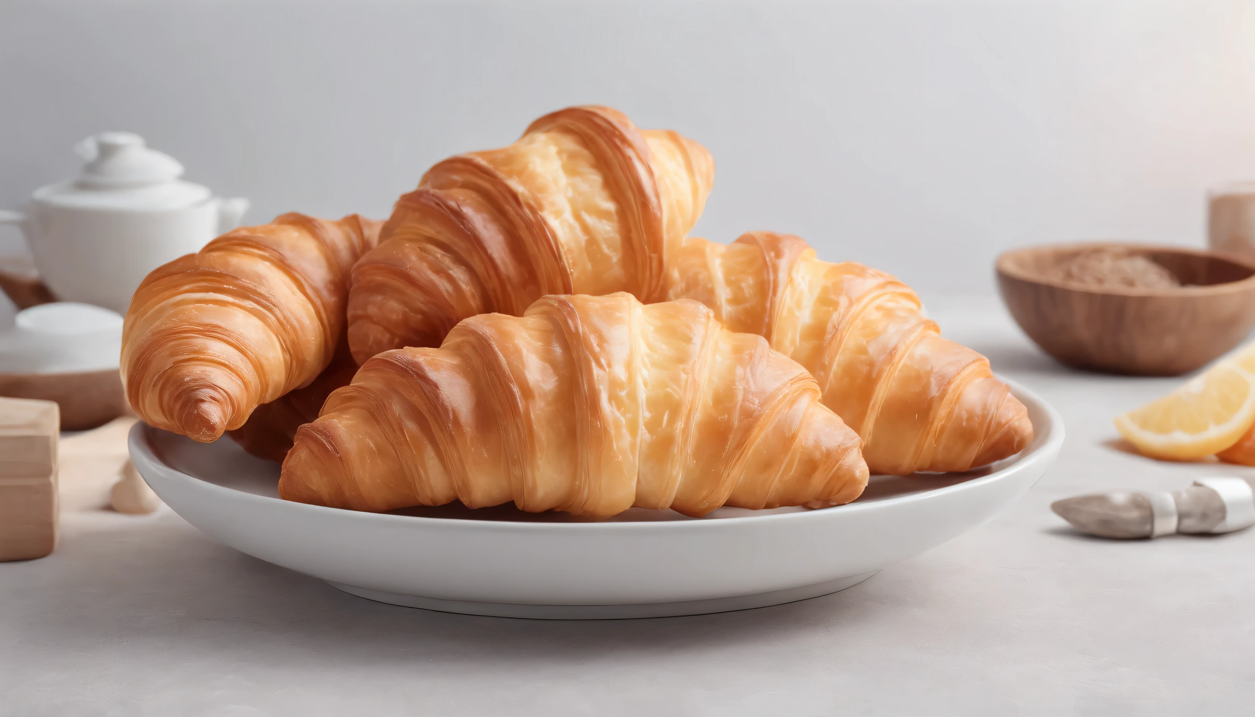 8k, original photo, best quality, On the table,Practical, Photorealistic,Be focused, ,Professional lighting,forward lighting,brake,White background,Croissants,copy space