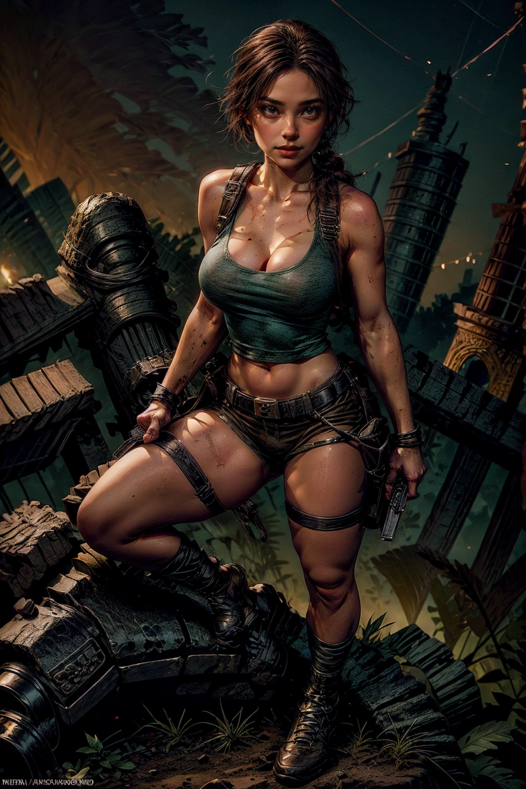 Tomb Raider epic scene Realistic masterpiece, vivid colors, 8k , HDR+ultra high quality image showing a beautiful and sexy Lara Croft , perfect fit body with huge natural breast popping in tight black cropped top , huge revealing neckline, she wear a small green kaki mini short and one holster gun strapped on her leg , perfect skin texture, shown to have a fairly slender figure. She has brown hair , she has long hair with a pony tail and large seductive green eyes, an old Aztec temple ruins far away in the background, in a epic Tomb Raider scene, ((full body shot viewed from above))standing in a natural and sexy pose , when the sky is full of bright colors, reflecting the light of the shinny sun on her perfect skin. Amazing mayans ruins scene in the background, The gorgeous sunset adds a magical atmosphere to the photo, and highlights the beauty of the moment . The seductive expression on the girl's face and her playful contemplate at the viewer add an element of hotness and erotic tension to the picture. While the splendor of the landscape in the style of a tomb raider epic scene reflect the girl's exploration and adventurous spirit., huge cleavage exposed, big breasts, superior quality, many details, Puri focus Sharp and realistic , black cropped top and a small mini green short , perfect hands, detailed hands, perfect eyes, detailed eyes, realistic, HDR, UHD, dynamic
