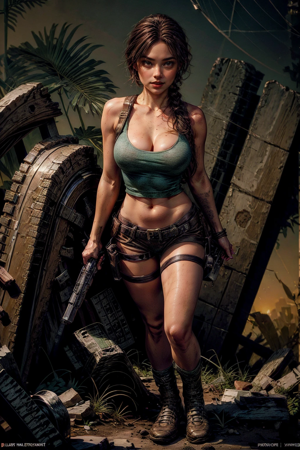  Tomb Raider epic scene Realistic masterpiece, vivid colors, 8k , HDR+ultra high quality image showing a beautiful and sexy Lara Croft , perfect fit body with huge natural breast popping in tight black cropped top , huge revealing neckline, she wear a small green kaki mini short and one holster gun strapped on her leg , perfect skin texture, shown to have a fairly slender figure. She has brown hair , she has long hair with a pony tail and large seductive green eyes, an old Aztec temple ruins far away in the background, in a epic Tomb Raider scene, ((full body shot viewed from above))standing in a natural and sexy pose , when the sky is full of bright colors, reflecting the light of the shinny sun on her perfect skin. Amazing mayans ruins scene in the background, The gorgeous sunset adds a magical atmosphere to the photo, and highlights the beauty of the moment  . The seductive expression on the girl's face and her playful contemplate at the viewer add an element of hotness and erotic tension to the picture. While the splendor of the  landscape in the style of a tomb raider epic scene reflect the girl's exploration and adventurous spirit., huge cleavage exposed, big breasts, superior quality, many details, Puri focus Sharp and realistic , black cropped top and a small mini green short , perfect hands, detailed hands, perfect eyes, detailed eyes, realistic, HDR, UHD, dynamic