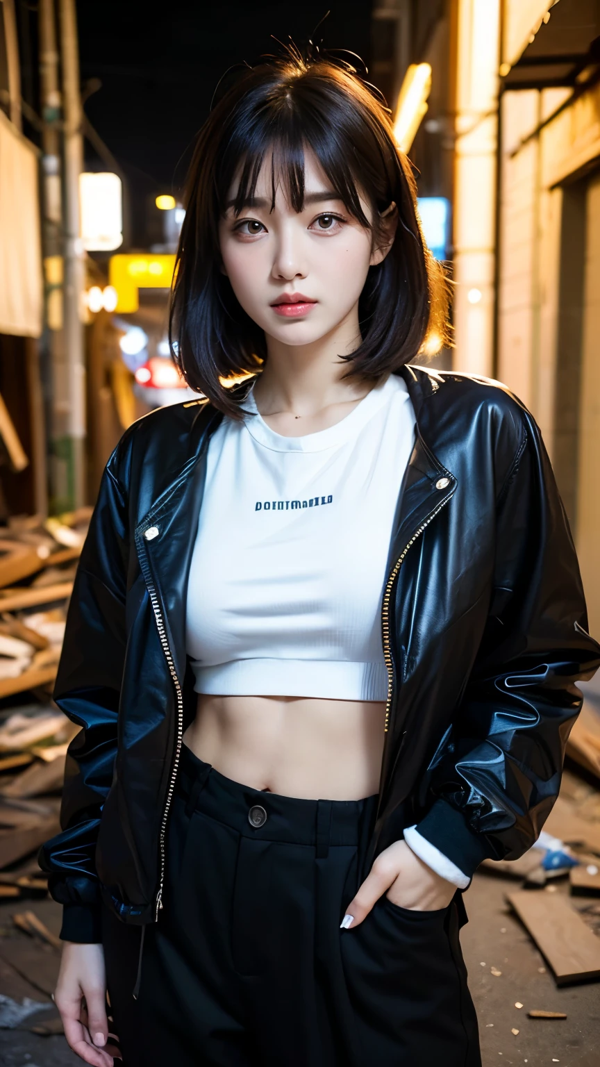 (Very fine eye), (((Fabric Shading))), (((highest quality))), (((masterpiece))) Saucy girl, (((Realistic))), Black Hair, Black Hair, Black Hair, Black Hair, chic hairstyle, ((Straight medium bob with bangs, nice hair)), Light makeup,Red eyes, I'm not wearing lipstick,(((Retro-futuristic outfits))), ((Retro pose)), (((Game CG)) (nice, Saucy, It Girl), Fine Jewelry,, Strong night atmosphere, Has a strong retro feel, Cowboy Shot, Mid Shot, Centered Images, Focus on the camera, Elegant colors,Realistic Skin,Realistic texture,8k,whole body,,Korean women,彼女のBlack Hair, Medium Bob Cut,(((In terrible ruins))),Red iris,Expressionless,(((He is wearing a big black down jacket. ))),Glaring,Perfect Face,(((Big eyes))),She is wearing wide black hip-hop style pants.,Mouth closed,Watching the audience,A woman stands in front of the ruins at night, Roseanne Park from Blackpink, Trending on cgstation, Trending on cgstation, Black Pink's Joshi, portrait of aespaのウィンター,She is wearing black streetwear, Woman in black streetwear, Photo of a woman in black tech clothing, Girl wearing black hoodie, Cyberpunk Streetwear, Portrait of Jossi in Blackpink, Cyberpunk Streetwear street fashion e-girl,holding a credit card in front of one's chest