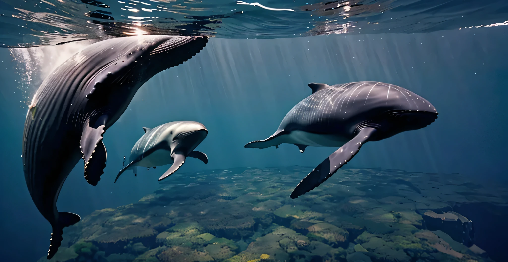 Two whales swimming gracefully in the deep sea