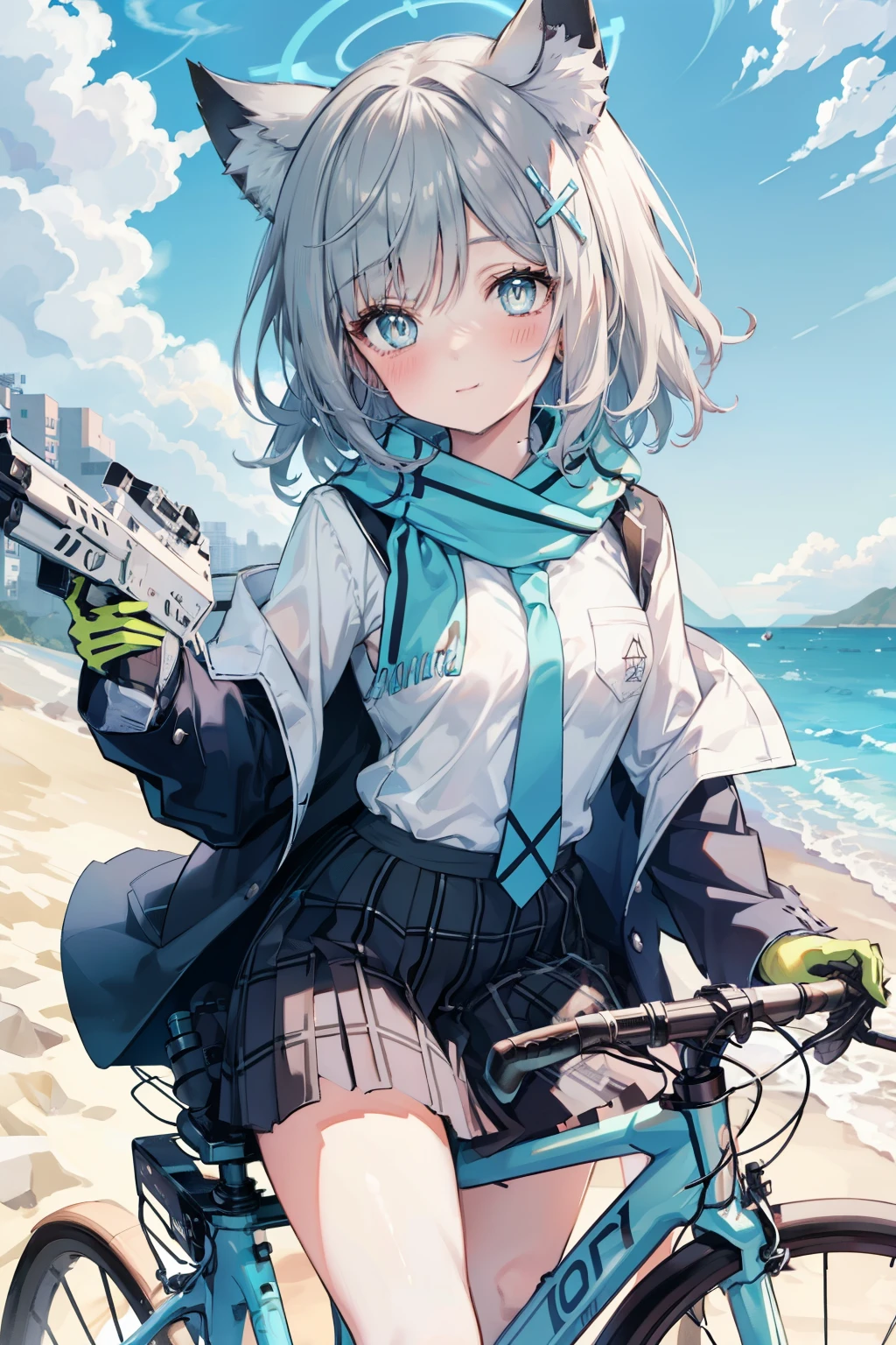 Sand Wolf Shiroko、Good looking girl (blush, Perfect Face), independent , Looking at the camera, masterpiece, Anime art style, Cute Characters, Most detailed, high quality、Nico Nico Smile、has a white gun、Riding a bicycle