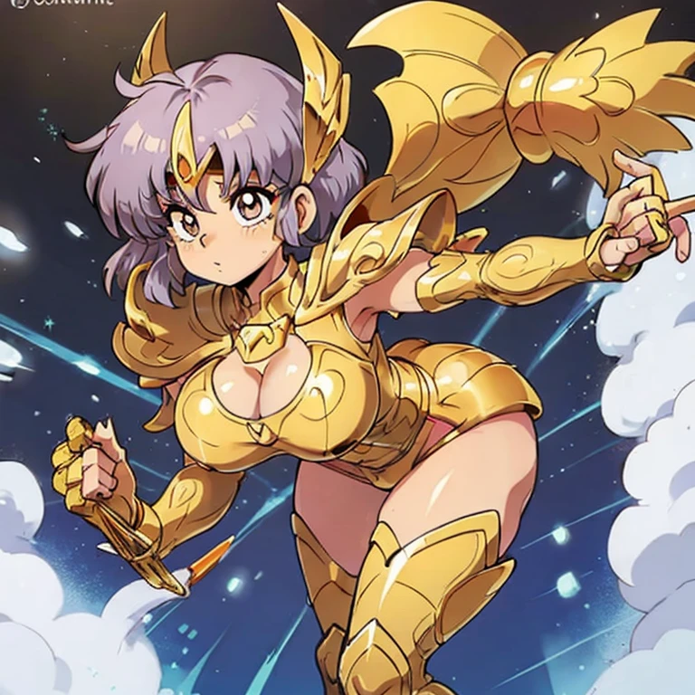 Akane tendo, cabello azul, Cabello corto, ojos azules, ojos detallados, cara de placer, muslos, pechos grandes, cuerpo completo, pose vulgar, vulgar, pechos vulgares, escote muy grande, senos grandes, armadura dorada, Saint Seiya Zodiac, Zodiac Sagittarius gold Armor, armadura brillante, sexy Armor, pose sexy Cleavage Bulge, bursting Breasts, Spilling Out, pose sexy