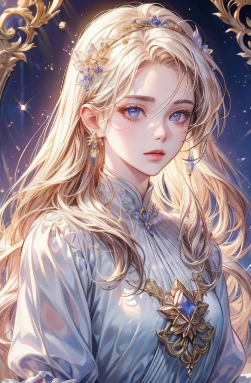 long hair woman、bust、White skin、Symmetry between left and right eyes、Delicate eyes、Glowing purple eyes、Golden Hair Accessories、crystal pendant pattern background、Spotlight、High Contrast、Impressive Shadows、Detailed Shadows、Perfect Finish、masterpiece、highest quality、Best image quality