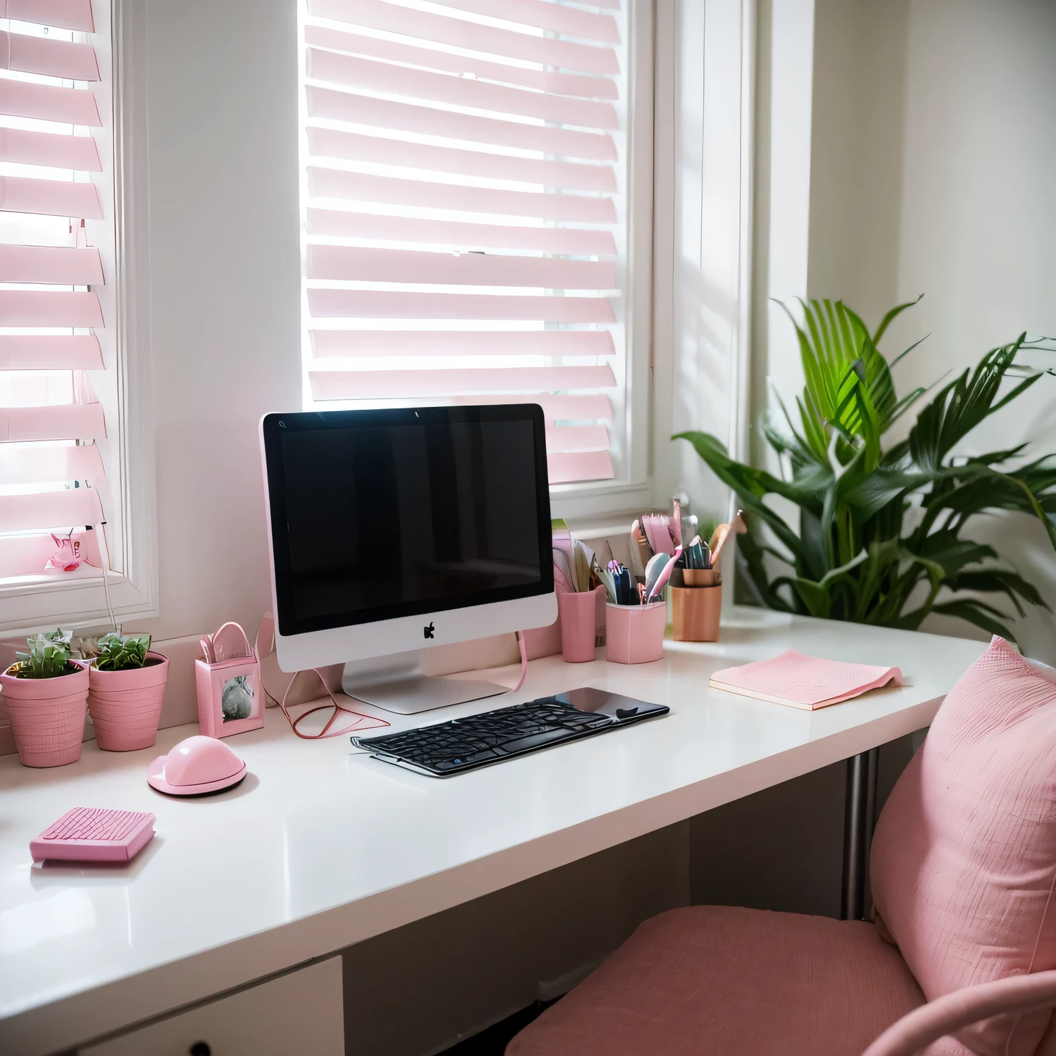 A girl at an office desk, pink-themed, working on a computer, with a cup of coffee, surrounded by pink stationery and decorations, enjoying natural light from a nearby window, in a clean and organized environment, with a motivational quote on the wall, surrounded by potted plants, with a comfortable chair and a fluffy pink cushion, wearing pink headphones, typing on a pink keyboard, with a pink mousepad, surrounded by pink sticky notes and pens, with a pink lamp providing additional lighting, creating a cozy and inspiring workspace. (best quality, highres, ultra-detailed), (photorealistic:1.37), (office supplies, stationary, pink-themed, girly, organized), (motivation, productivity, work-life balance), (floral, plants, natural elements), (comfort, coziness), (clean, clutter-free environment), (desk essentials, computer work), (window lighting), (coffee break, relaxation).
