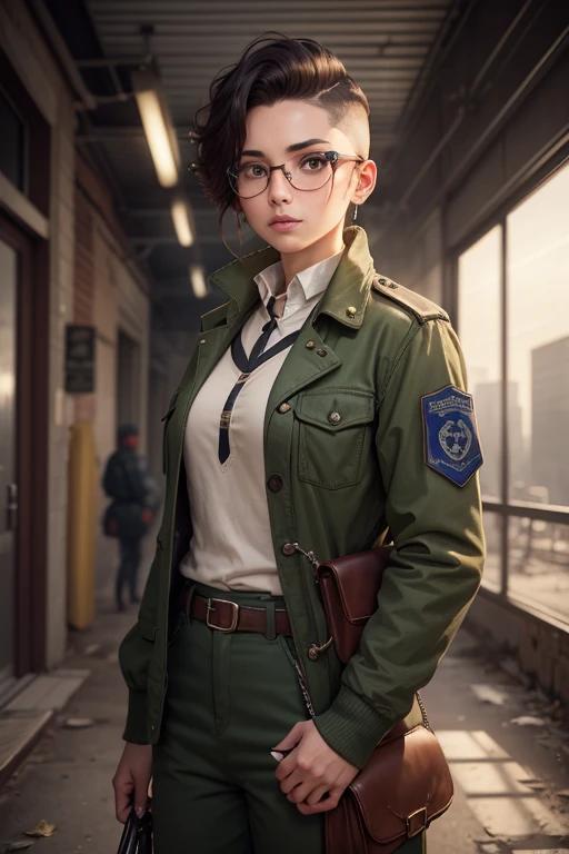 a pretty girl messenger, wearing large glasses, undercut hair, wearing postal uniform, in a post-apocalyptic world