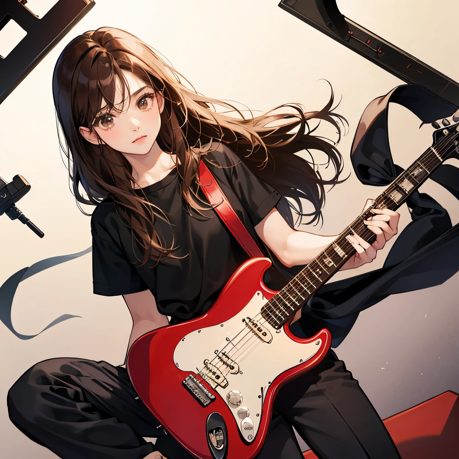 One Woman's Son、girl、brown hair、Hair on the shoulders、Straight Hair、Slightly sloppy eyes、shiny hair、Black Shirt、Black Cutter Shirt、Black trousers、tucked shirt into trousers、red guitar、Red Stratocaster、jazz、Black leather shoes、cute、Beauty、