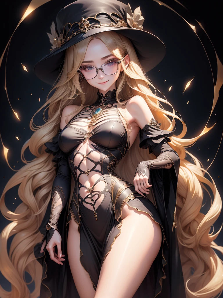 Professional Photographer、High resolution、Perfect skeleton、Perfect Fingers、Perfect Face、20-year-old female、One Woman、shiny hair quality、Beautiful blonde、Super long hair、Glasses、Glasses美人、smile、Beautiful legs、Beautiful thighs