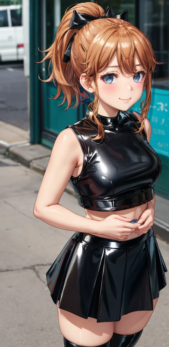 best quality, (masterpiece:1.2), highly detailed, standing, street,
1girl, solo, akatsuki minami,
looking at the viewer, closed mouth, smile, slight blush,
blue eyes, brown hair, ponytail, hair bow, sleeveless, ((dominant girl, latex skirt, latex shirt)),(upper_body)