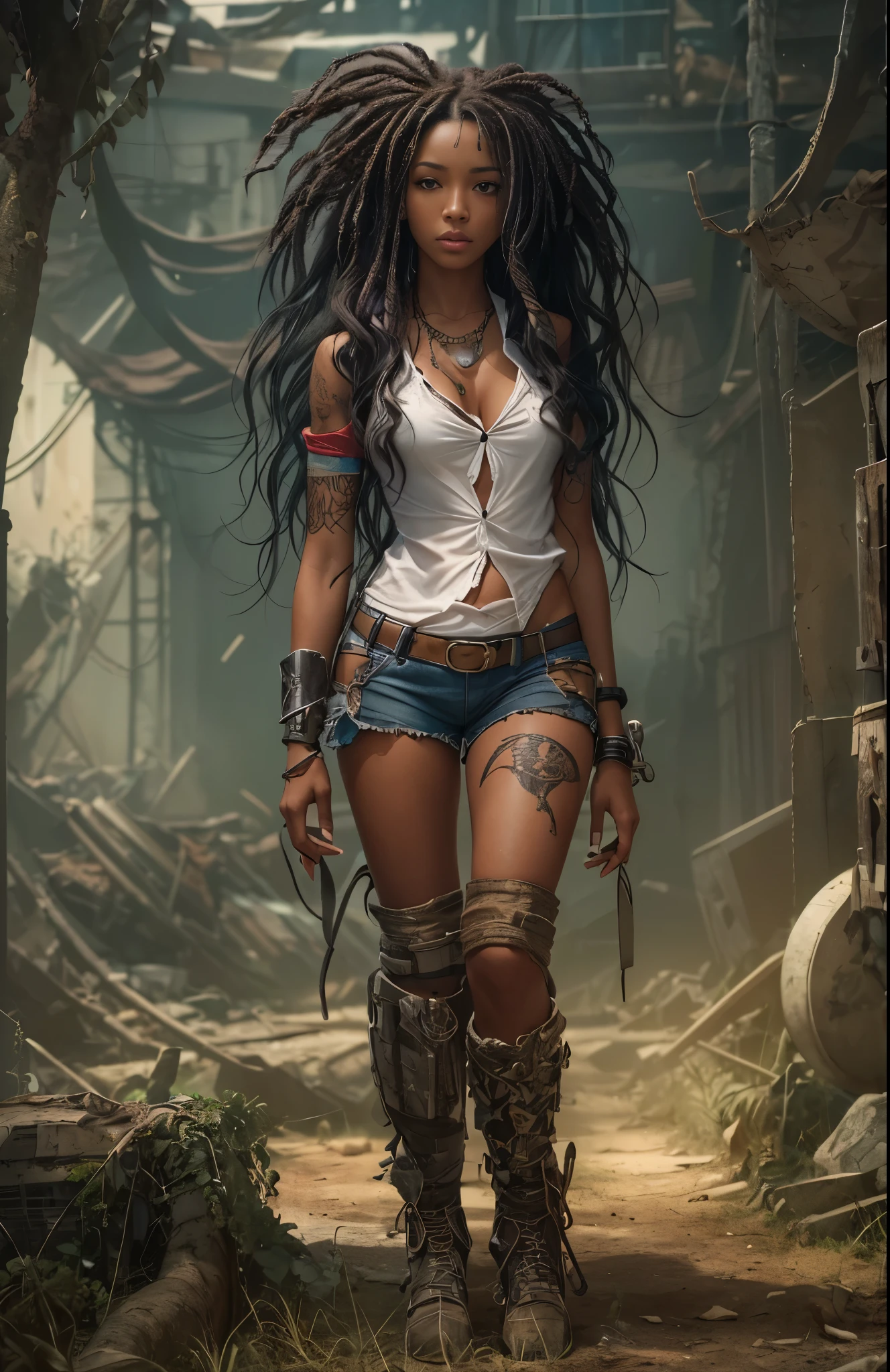 ((21-year-old))) black girl, (((light skin))), (((close-up full body pose))), (((long wavy black hair))), (((silk thigh highs with skimpy shorts))), (((wearing post-apocalyptic clothing, short sleeve white shirt, unbuttoned half way))), african tribal tattoo sleeve, dark fantasy art, Rich, Deep Colours, (intricate details:0.9), (HDR, hyper-detailing:1.2), (natural skin textures, hyper realisitc, soft light, Sharp),