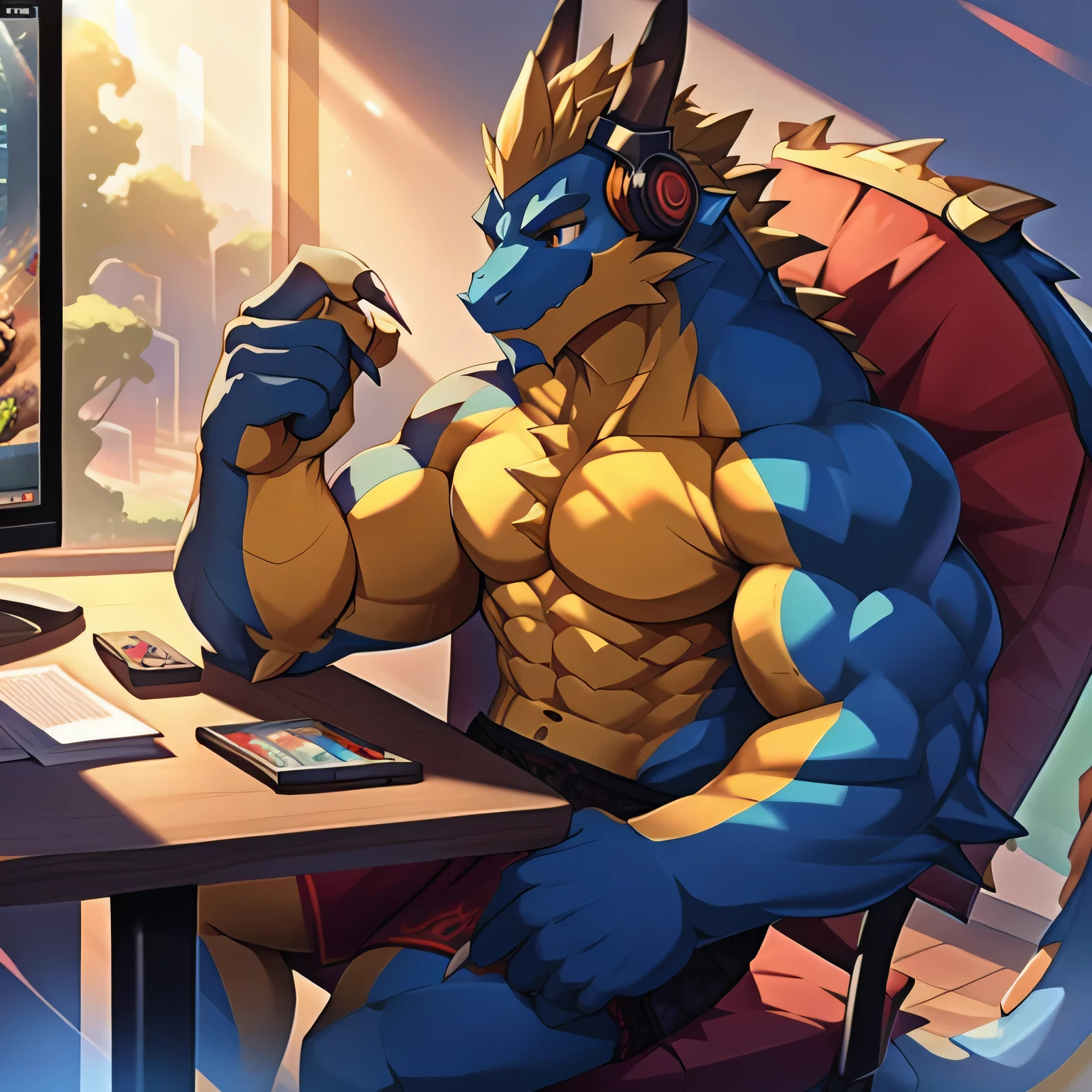 dragon,Anthropomorphic male dragon, Highlight the dragon angle,Highlight his muscular body and sharp claws, Show off your chest contour, abdomen, Stretch and Elegance, Delicate lace pattern glitters in the light. Keep your eyes on the screen，Playing games with headphones，Sitting at the table，The background is the scene of the e-sports competition。dragon&#39;Tail, Long-lasting and powerful, 他Sitting at the table，Playing games with headphones，Keep your eyes on the screen，Showing its charming masculinity. dragon&#39;Keep your eyes on the screen，Playing games with headphones，Sitting at the table，The background is the scene of the e-sports competition。