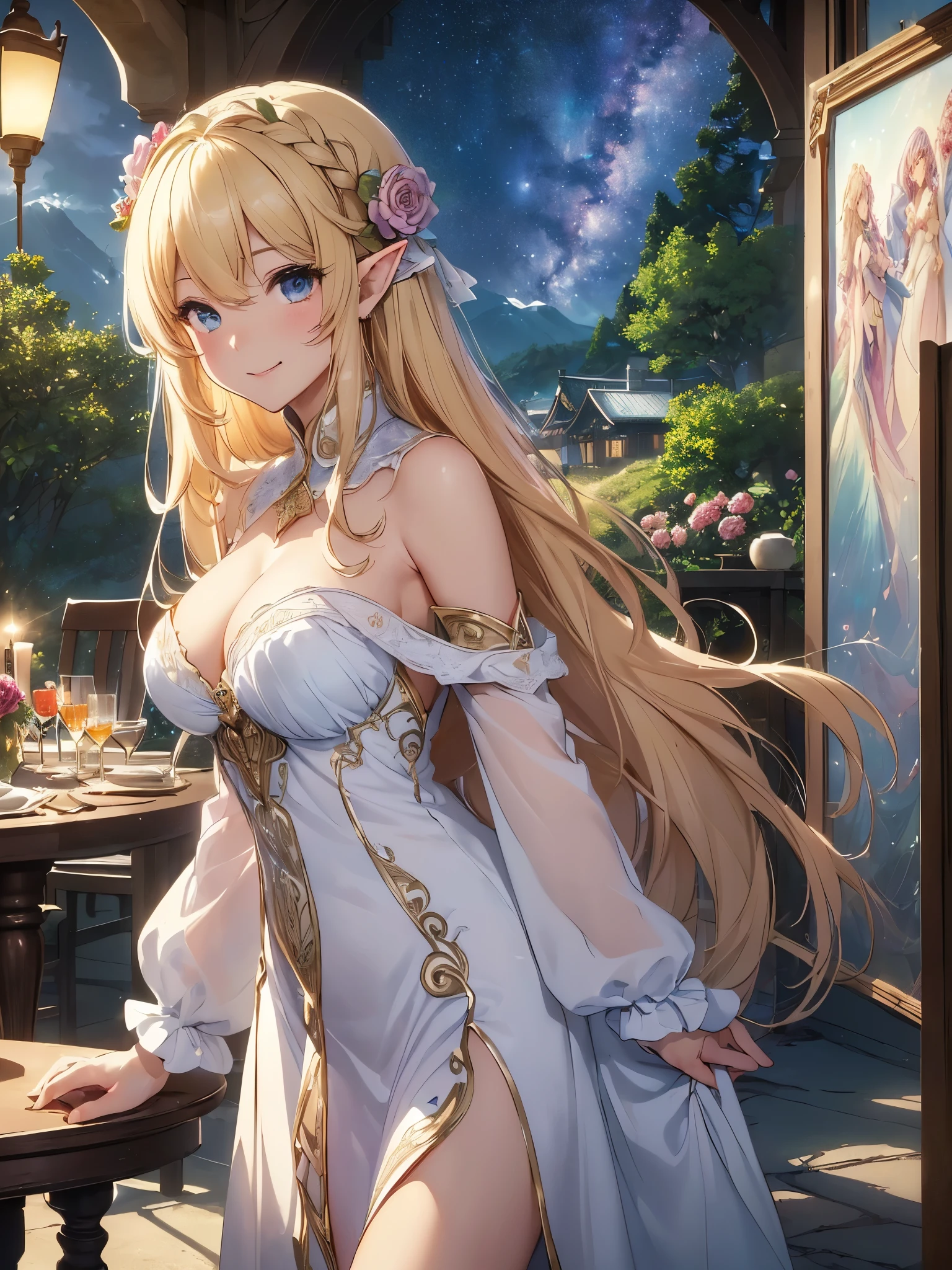 最high quality、Best image quality、masterpiece、Beautiful Face、、Titania、Super beautiful elf girl((22 year old office lady big bust、Bust 90,Beautiful long ironed hair、blonde、height: 165cm。thin、Beautiful dress、cowboy shot,、Esbian、Sumptuous cuisine、table、tea、spring、Sunrise、night、star、Milky Way、starrynight.high quality、美しいart、、Pieces fly、ビジュアルart、Depth of written border、flowerの冠、ライトのmagic、universe、Happy smile、gentle lights、Beautiful Forest、、、elegant、ticker beautiful decorative、、、mystery的な Rosa、Rose、 null、art、Lord of the Ring、Spectacular scenery、sexy、A friendly smile、Wonderful nature、universeのmagic、magicのライト、Fantasy、flower、super REALITYa lotのRose、magic、Grow Fantasy、、mysteryのライト、Art Nouveau、Alphonse a lot、、art、art,mystery,UHD,magicalgentle light,sexy
