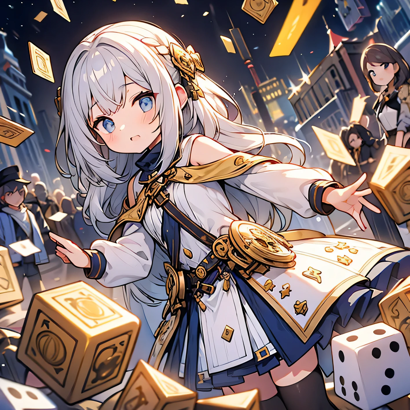 Gray Hair　Young Girl　Gold coins　Meeples　Dice