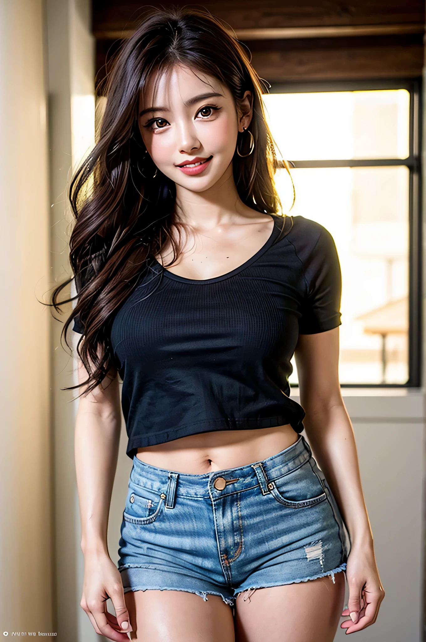 (8k, RAW Photos, highest quality, masterpiece, Realistic, Photorealistic), (1 female), (Ultimate beauty), 20-year-old, Highly detailed face, Detailed and even eyes,  eyelash, smile, (Perfect Teeth), Lip details, brunette bob, Big Breasts, (Pichi Pichi T-shirt), ((brown shorts)), Cowboy Shot,Soft Light, Sexy big thighs、