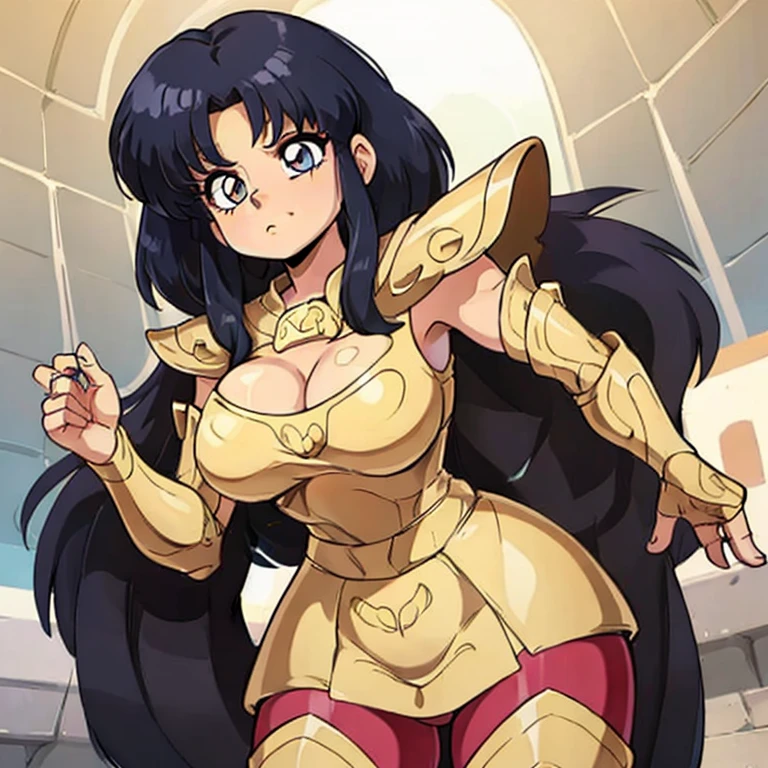 Akane tendo, cabello azul, Cabello corto, ojos azules, ojos detallados, cara de placer, muslos, pechos grandes, cuerpo completo, pose vulgar, vulgar, pechos vulgares, escote muy grande, senos grandes, armadura dorada, Saint Seiya Zodiac, Zodiac Sagittarius gold Armor, armadura brillante, sexy Armor, pose sexy Cleavage Bulge, bursting Breasts, Spilling Out, pose sexy