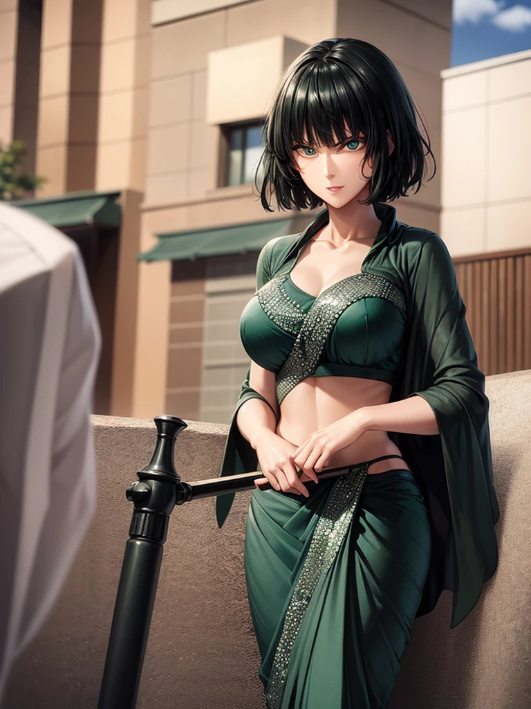 （8k, RAW photos, minino：1.1） ，female，（looki at viewer company），cowboy lens，Japanese，fubuki  / (opm\），（fullbody saree：1.1），La Brett Piercing，cleavage，(((dark green saree)))，seductive smile，Be red on the face, full body photo, standing, lean, muscular legs, muscular belly, short hair, green hair, green eye, breasts, medium breasts, (no bindi) Professional lighting、photon mapping、physics-based rendering、dark theme，wearing wifs, jewellery and pearl necklace, alone, extreme high quality, legs covering saree, one big axe on one hand