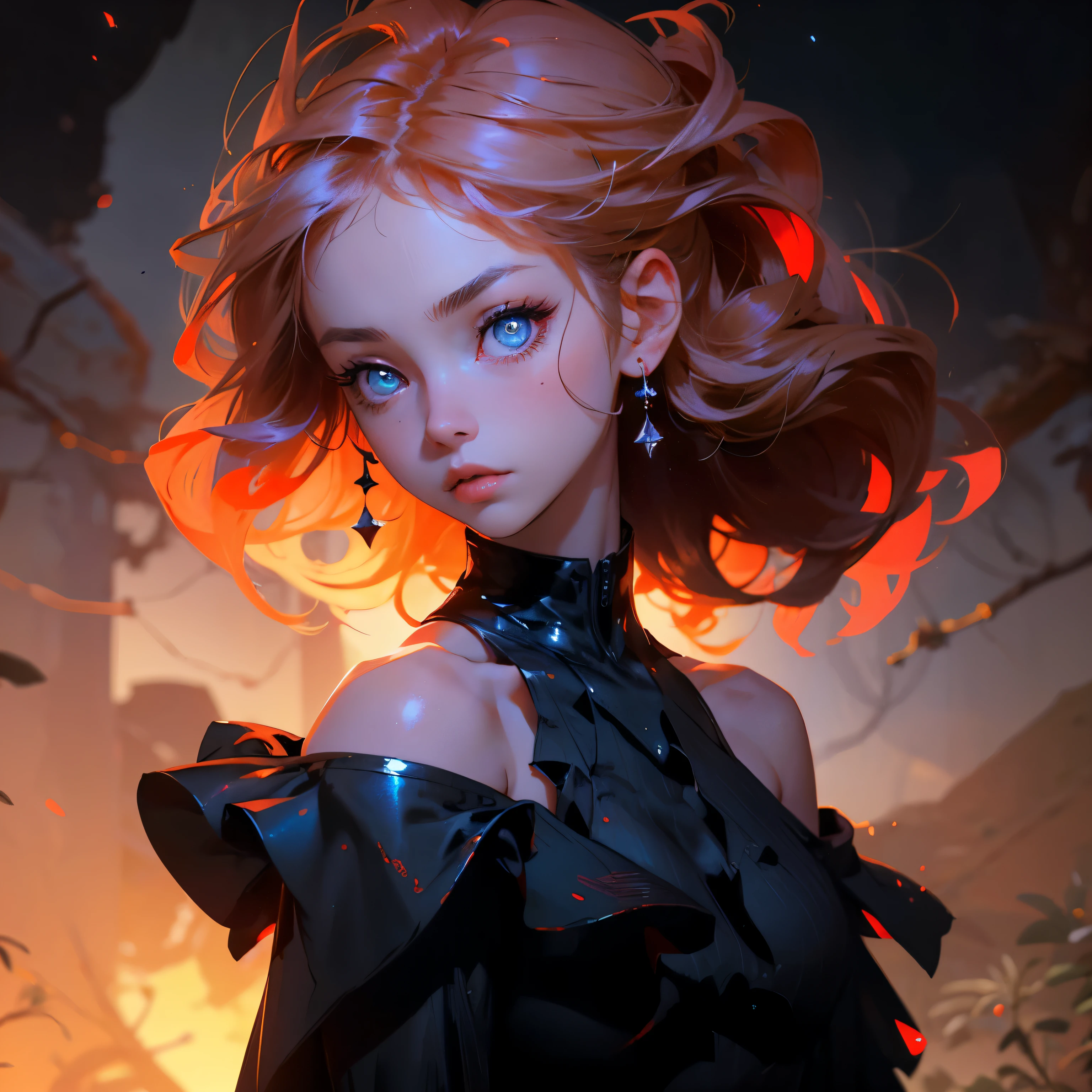 Masterpiece, best quality, super high resolution, fluorescent color,1 girl, looking at the audience, beautiful face, beautiful eyes, (bare shoulder: 1.2), head up, upper body, forest, shiny hair, shiny skin, glowing cut, chibi,: 1.5, black starlight dress, particles