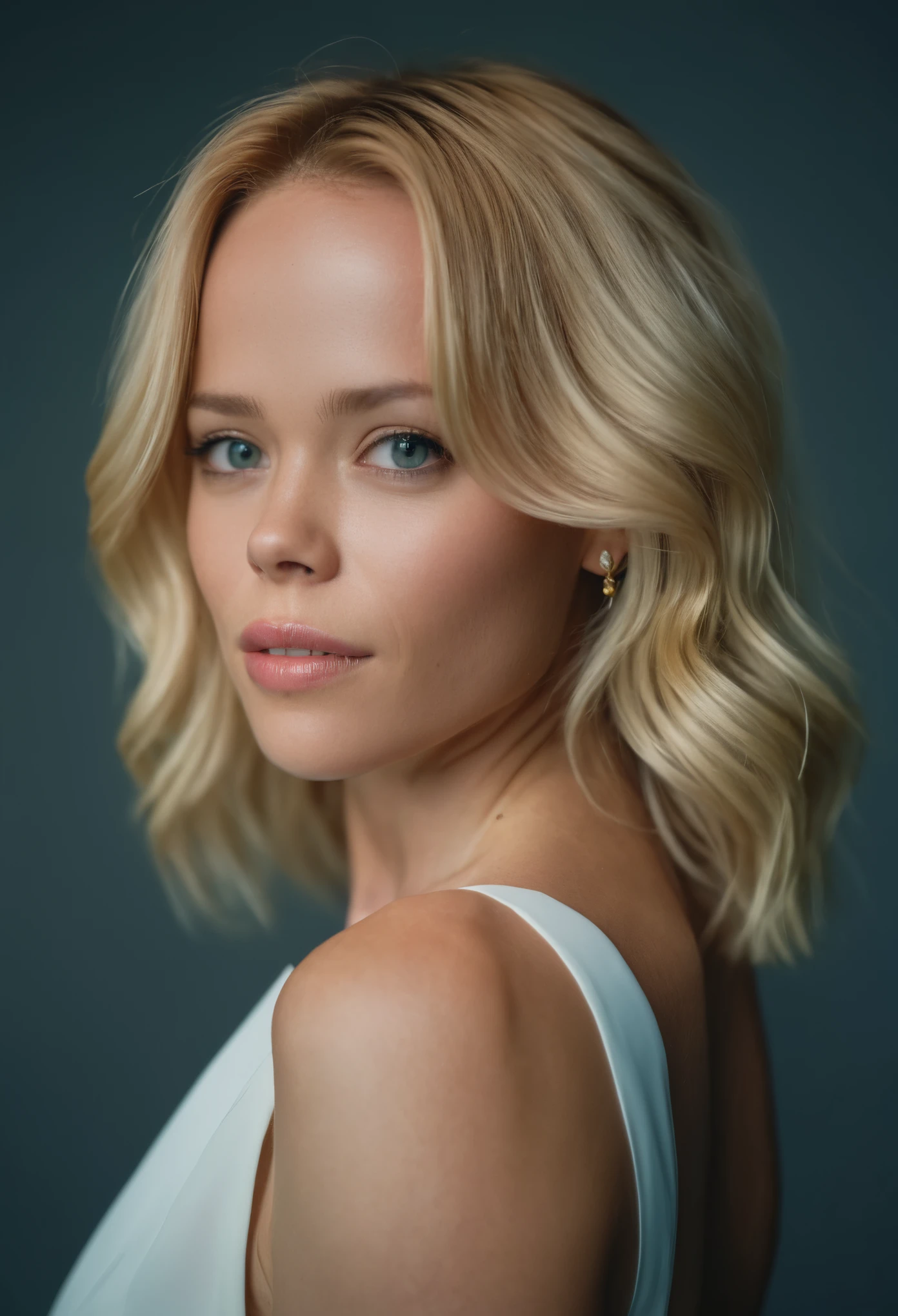 RAW photo, (high detailed skin:1.2), 8k UHD, DSLR, soft lighting, high quality, film grain, Fujifilm XT3, RAW candid cinema, 16mm, color graded portra 400 film, remarkable color, ultra realistic, remarkable detailed pupils, shot with cinematic camera,a woman with blond hair standing in front of a gray background wearing a white dress, 1girl(Katia Winter), solo, realistic, blonde hair, long hair, looking at viewer, jewelry, earrings, portrait
