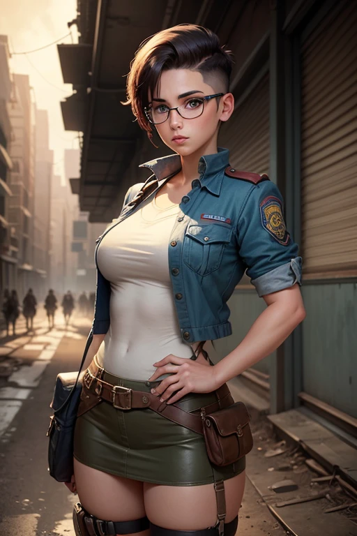 Wide angle, a pretty girl messenger, wearing large glasses, undercut hair, wearing postal uniform, in a post-apocalyptic world