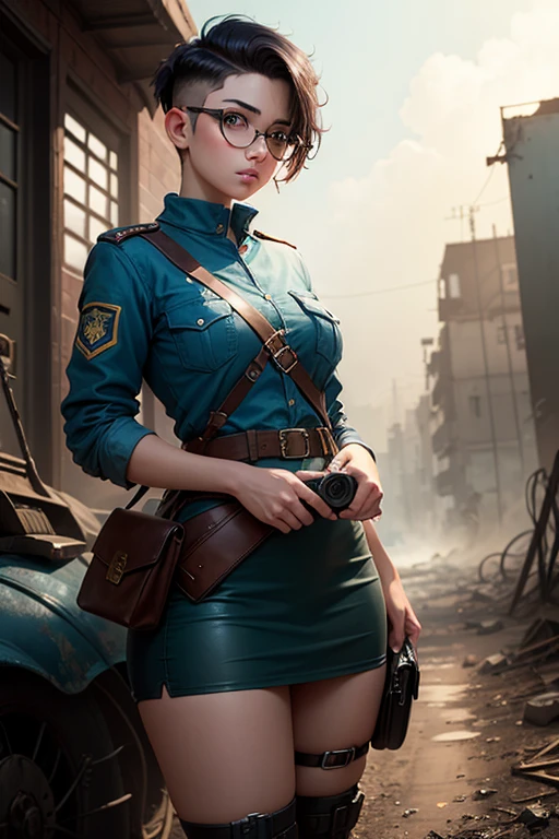 Wide angle, a pretty girl messenger, wearing large glasses, undercut hair, wearing postal uniform, in a post-apocalyptic world