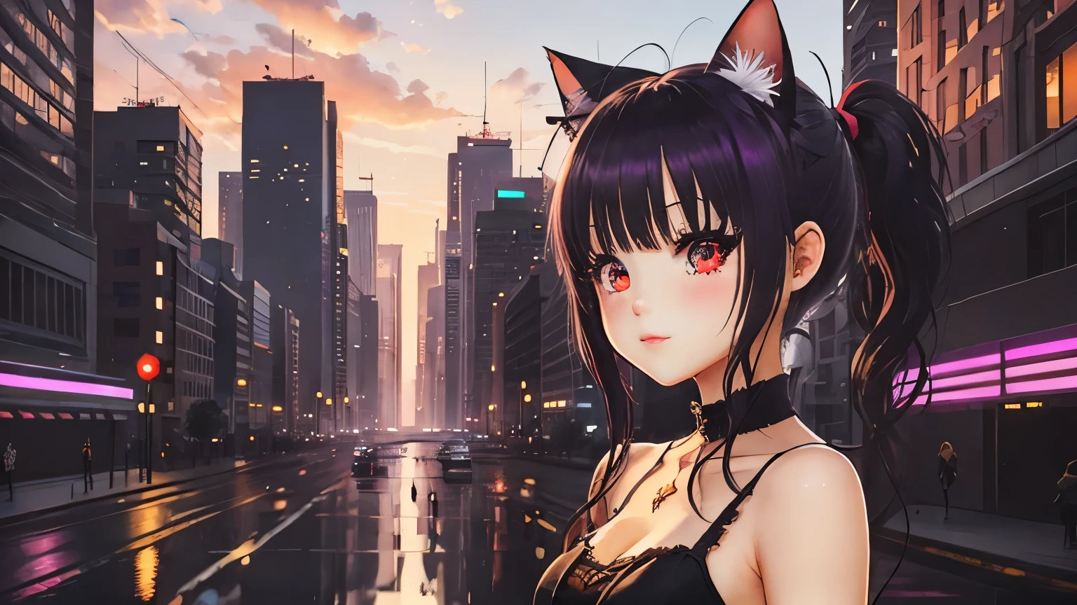 Onda inversa. Ciudad, 1969 Nissan S30, Kit de cuerpo ancho, camino, Purple neon, sol, de cerca
(Obra maestra, detallado, high resolution), 1hermosa mujer junko estilo neon city, 1chica long hair slightly wavy slightly past the shoulders, black bangs, small black pigtails on the sides, cute cat ears, beautiful thin red eyes,