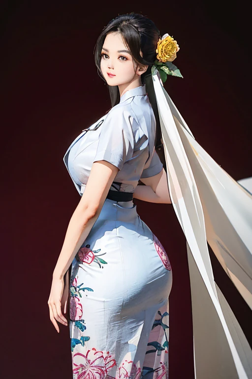 a beautiful girl in vintage colors aodai, masterpiece ,(Dye painting)  ( all color   dress ) wrapped in a large flower print( flower silk ..... with  ) best quality, realistic:1.3, street, cyberpunk, holding bundle of adubon sunlight, backlighting, (well pper Adhere to clear natural light hdr))full budy, big ass (Remove extra limbs, remove accurately) intricate scene, artstation, intricate details, vignettefulbudy(cartoon)
