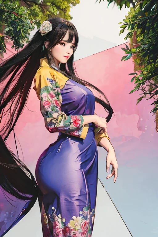 a beautiful girl in vintage colors aodai, masterpiece ,(Dye painting) ( all color dress ) wrapped in a large flower print( flower silk ..... with ) best quality, realistic:1.3, street, cyberpunk, holding bundle of adubon sunlight, backlighting, (well pper Adhere to clear natural light hdr))full budy, big ass (Remove extra limbs, remove accurately) intricate scene, artstation, intricate details, vignettefulbudy(cartoon)
