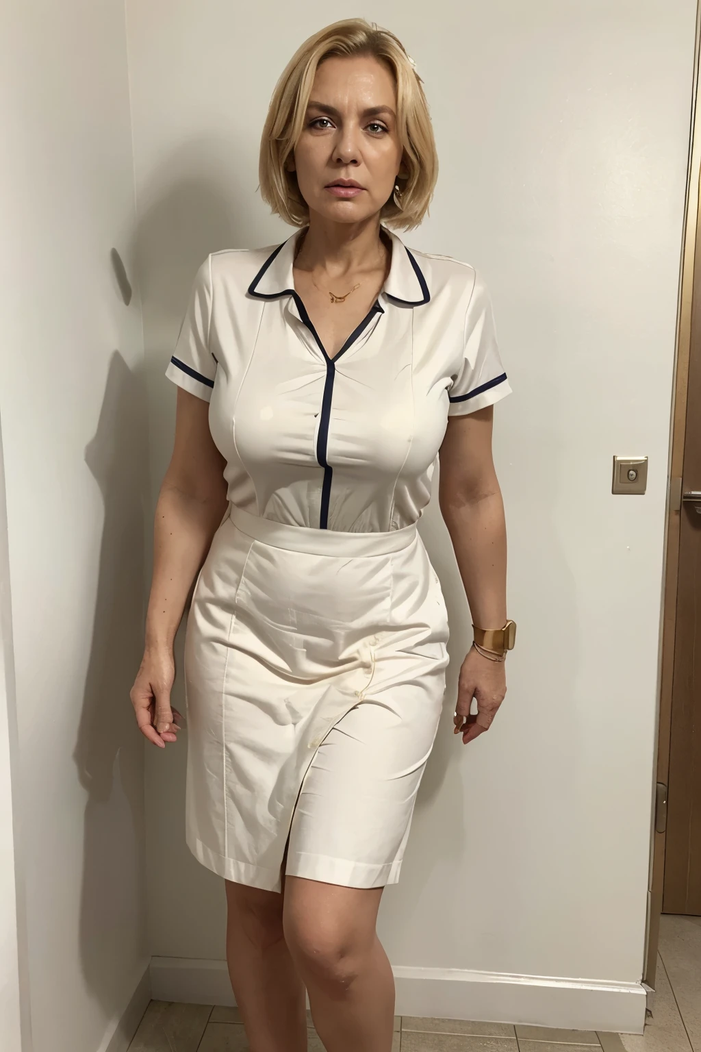 slim grandmother in realistic white nurse uniform, full body visible, lots of blemishes, lots of wrinkles, lots of ageing, very old, looking angry, wearing chunky gold watch, older, blonde, bob hair, realistic