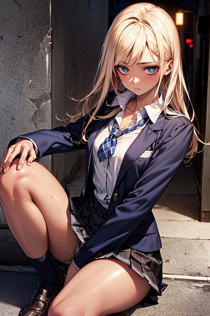 (((night,真night中))),((Dark atmosphere)),((Perfect Anatomy:1.2,Realistic:1.3,Raw photo:1.3,masterpiece、highest quality、Ultra - High resolution、High resolution、Extremely detailed CG、8k)),Cowboy Shot,((attractive way to sit)),((((Crouching pose)))),1 female,alone,、High school girl beautiful girl,Japanese,((Beautiful and exquisite face and eyes:1.2,Big beautiful eyes:1.3,)),(Brighten your eyes),((Beautiful woman))、(A beautiful girl who feels lonely),Blonde,Long Hair,(Center parted hair:1.4,amount),Medium chest,((slim body)),Small Head:1.3,skinny,(Brown Skin:1.4),(Oily skin,Glowing Skin,Shiny skin,Sweat:1.2),(school uniform、Dark blue blazer jacket、Checkered pleated mini skirt),Dirty back alley、Tokyo、((Turn your body forward))、((((show panty)))),(lonely),((Feeling melancholy))、Stick out your crotch、(Apathy),(Lucky)、((Expressionless))、(feeling of emptiness)