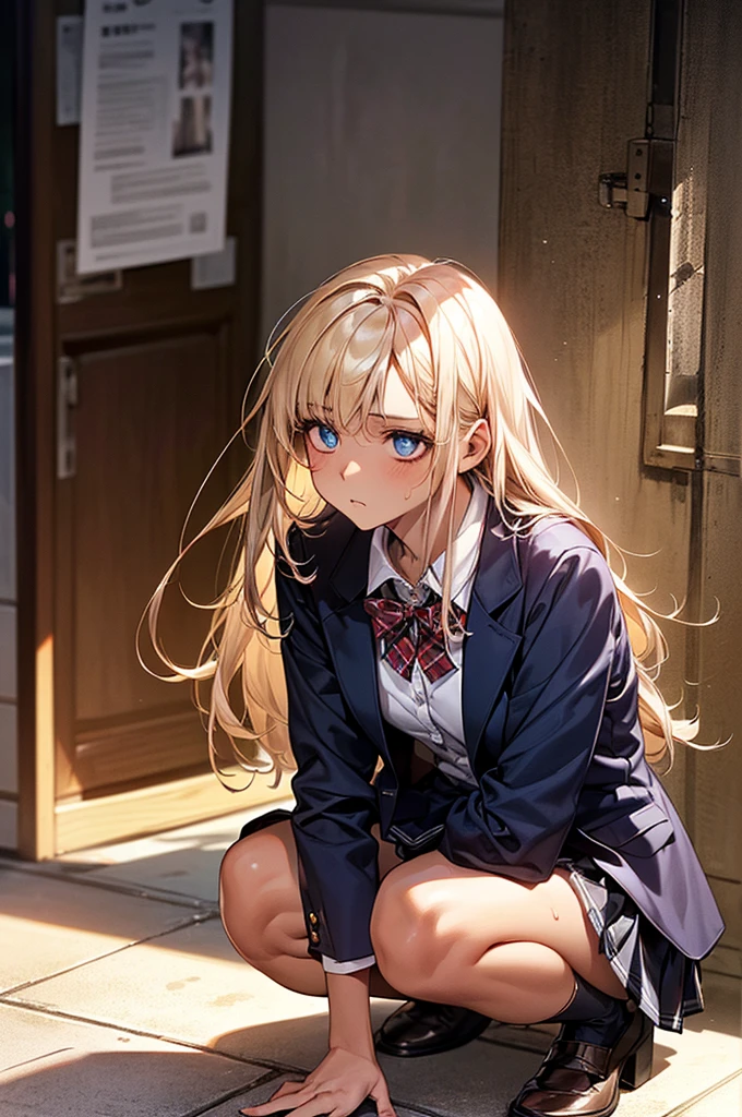 (((night,真night中))),((Dark atmosphere)),((Perfect Anatomy:1.2,Realistic:1.3,Raw photo:1.3,masterpiece、highest quality、Ultra - High resolution、High resolution、Extremely detailed CG、8k)),Cowboy Shot,((attractive way to sit)),((((Crouching pose)))),1 female,alone,17 years old、High school girl beautiful girl,Japanese,((Beautiful and exquisite face and eyes:1.2,Big beautiful eyes:1.3,)),(Brighten your eyes),((Beautiful woman))、(A beautiful girl who feels lonely),Blonde,Long Hair,(Center parted hair:1.4,amount),Medium chest,((slim body)),Small Head:1.3,skinny,(Brown Skin:1.4),(Oily skin,Glowing Skin,Shiny skin,Sweat:1.2),(school uniform、Dark blue blazer jacket、Checkered pleated mini skirt),Dirty back alley、Tokyo、((Turn your body forward))、((((show panty)))),(lonely),((Feeling melancholy))、Stick out your crotch、(Apathy),(Lucky)、((Expressionless))、(feeling of emptiness)