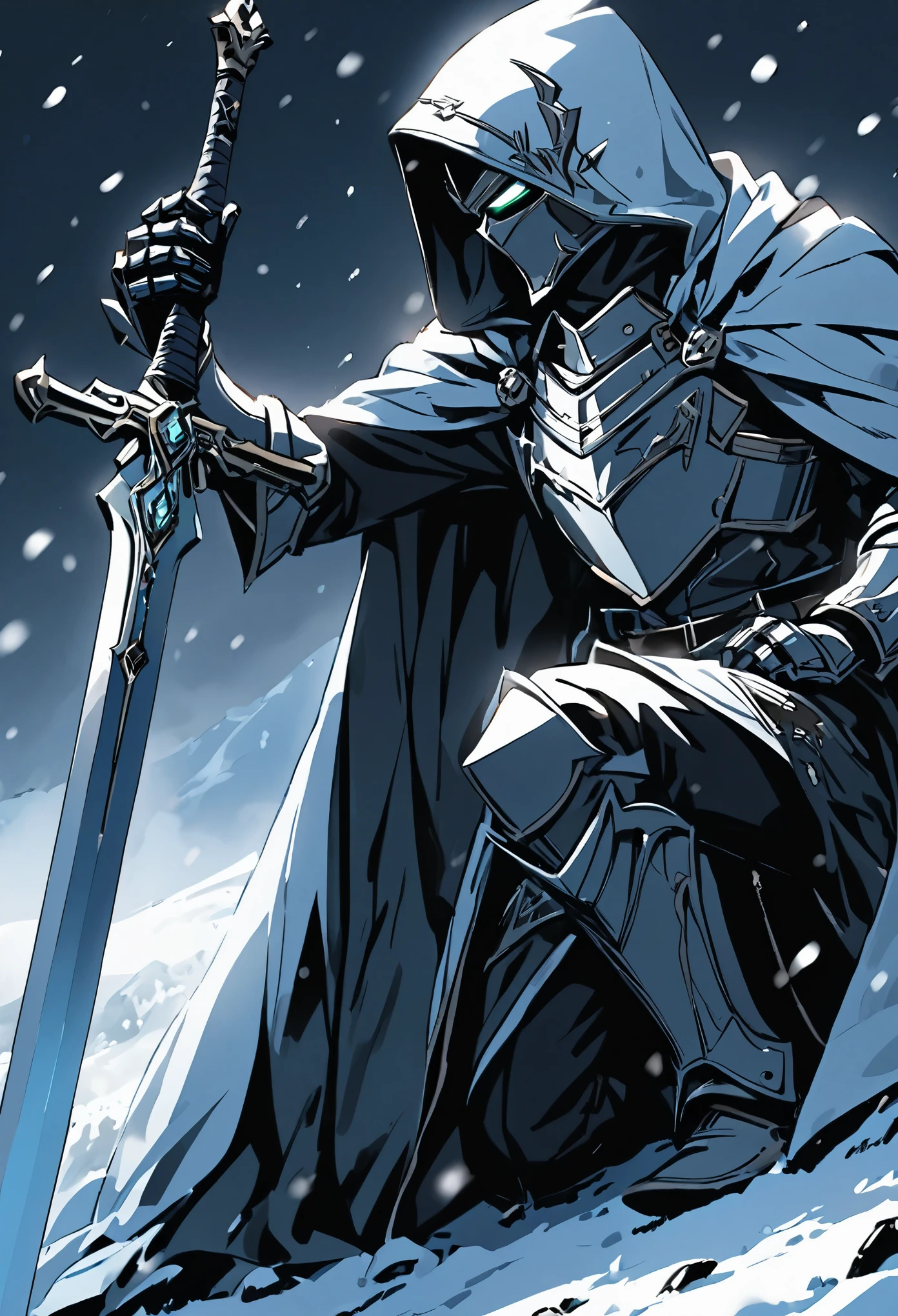 solo, 1boy, holding, sitting, weapon, male focus, sword, hood, cape, holding weapon, armor, glowing, holding sword, gauntlets, cloak, snow, 1other, hood up, snowing, one knee, planted, full armor, planted sword, ambiguous gender