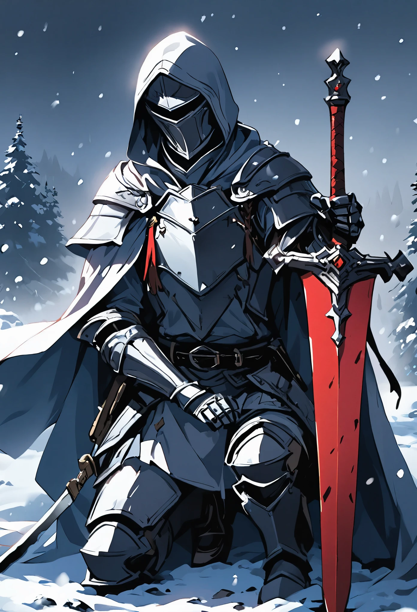 solo, 1boy, holding, sitting, weapon, male focus, sword, hood, cape, holding weapon, armor, glowing, holding sword, gauntlets, cloak, snow, 1other, hood up, snowing, one knee, planted, full armor, planted sword, ambiguous gender