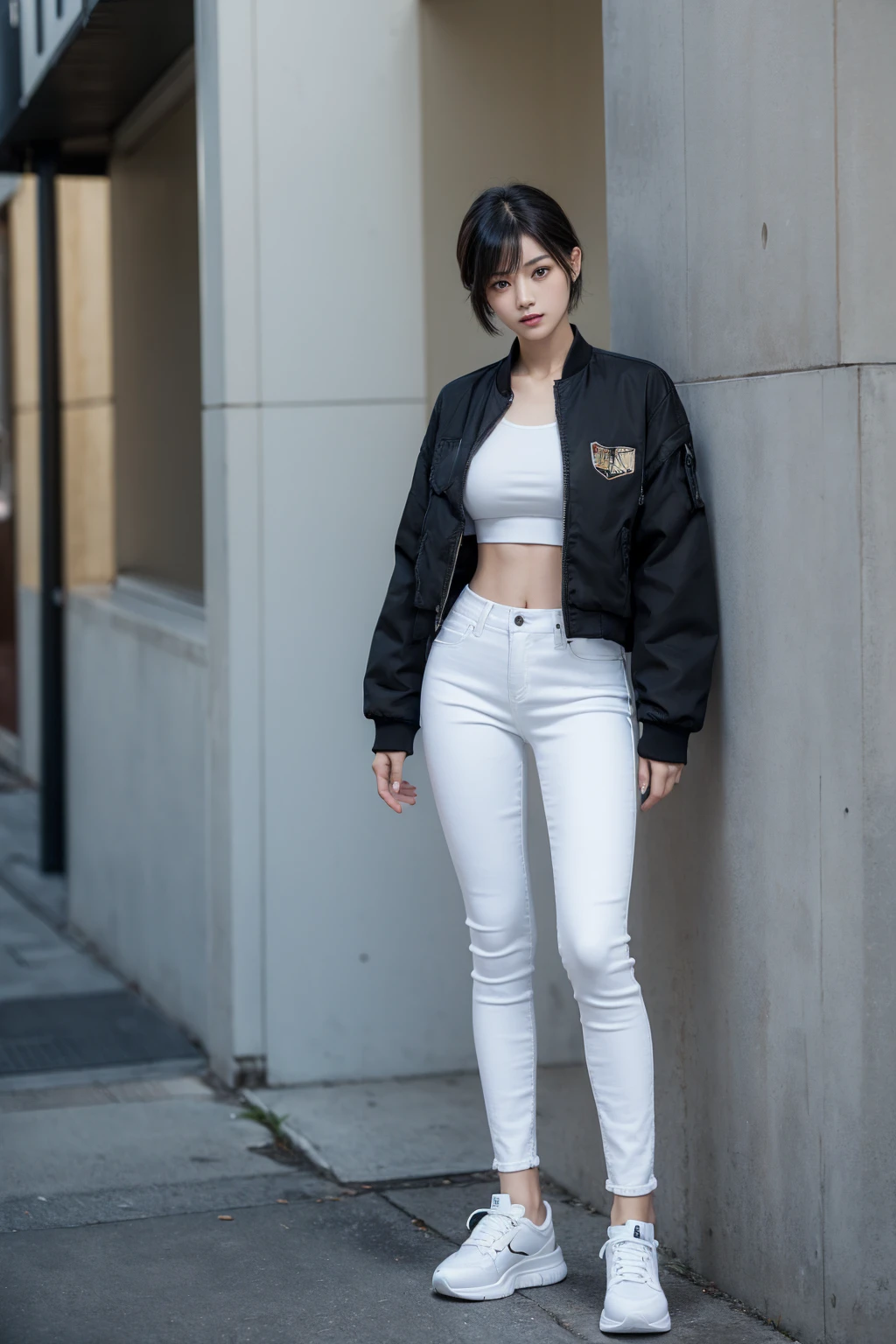 (((full body, standing, wearing black jacket, wearing tight jeans, white sport shoes))), wearing white leotard, ((facing viewer)), japanese lady, huge breast, tall body, slim and fit body,  pale skin, short hair, ((standing)), high quality:1.3, Professional lighting:2.0 realistic:1.2, 4k resolution, detailed skin, masterpiece:1.1, centered image