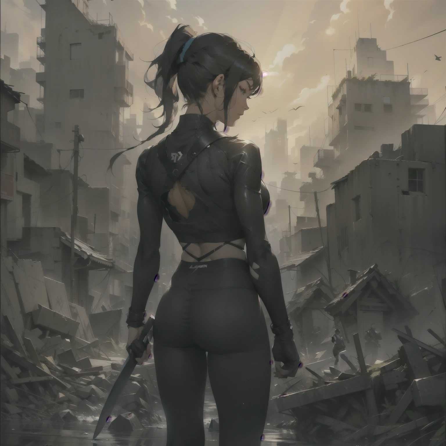 A girl in her 20s，Wearing a black tight-fitting sportswear，In the modern city, there are a group of humanoid monsters facing each other，Long knife in hand，A ray of sunlight shines on the heroine