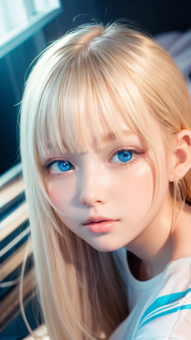 Beautiful and innocent 20 year old blonde girl、Beautiful shining platinum blonde hair、bangs fall on face、((Wearing an open white T-shirt,Dramatic Pose)),sexy look,Super long straight blonde silky hair,Bed Background,Beach Background、RAW Photos, (8k、highest quality、masterpiece:1.2)、(Intricate details:1.4)、(Realistic:1.4)、Octane Rendering、Exquisite 3D rendering for ultra-detailed detail, Studio Soft Light, Rim Light, Sharp details, Super Detail, Realistic skin texture, Cheek gloss、detailed aspects, Very beautiful bright pale blue eyes, Very big eyes、Highly detailed CG Unity 16k wallpaper, Perfect beauty、Round face、Compensate, (Detailed Background:1.2), Shiny skin, whole body、From head to thighs、Cleavage,((sleep with your head up、Top view angle))