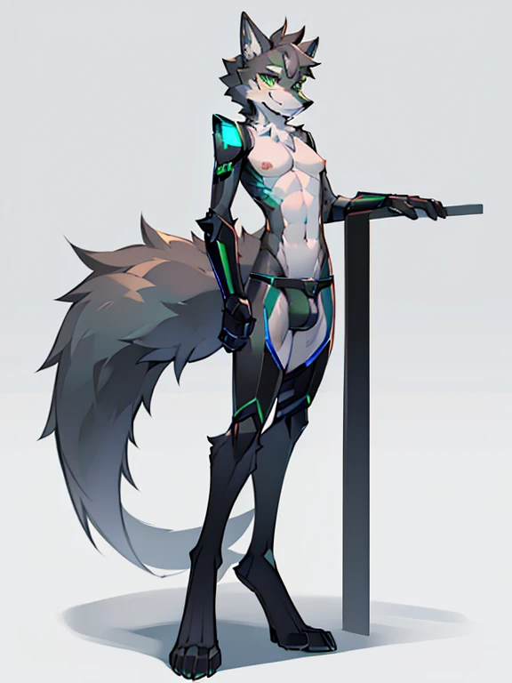 solo，Male, robot Gray wolf, detailed green eyes, long tail, big nipples, slim, sly, simple background, smirk, bulge,  tail wrapping around body，((standings plit，standing on one leg Stance))，((a robot wolf showing his sexy beautiful legs and feet))，(split)