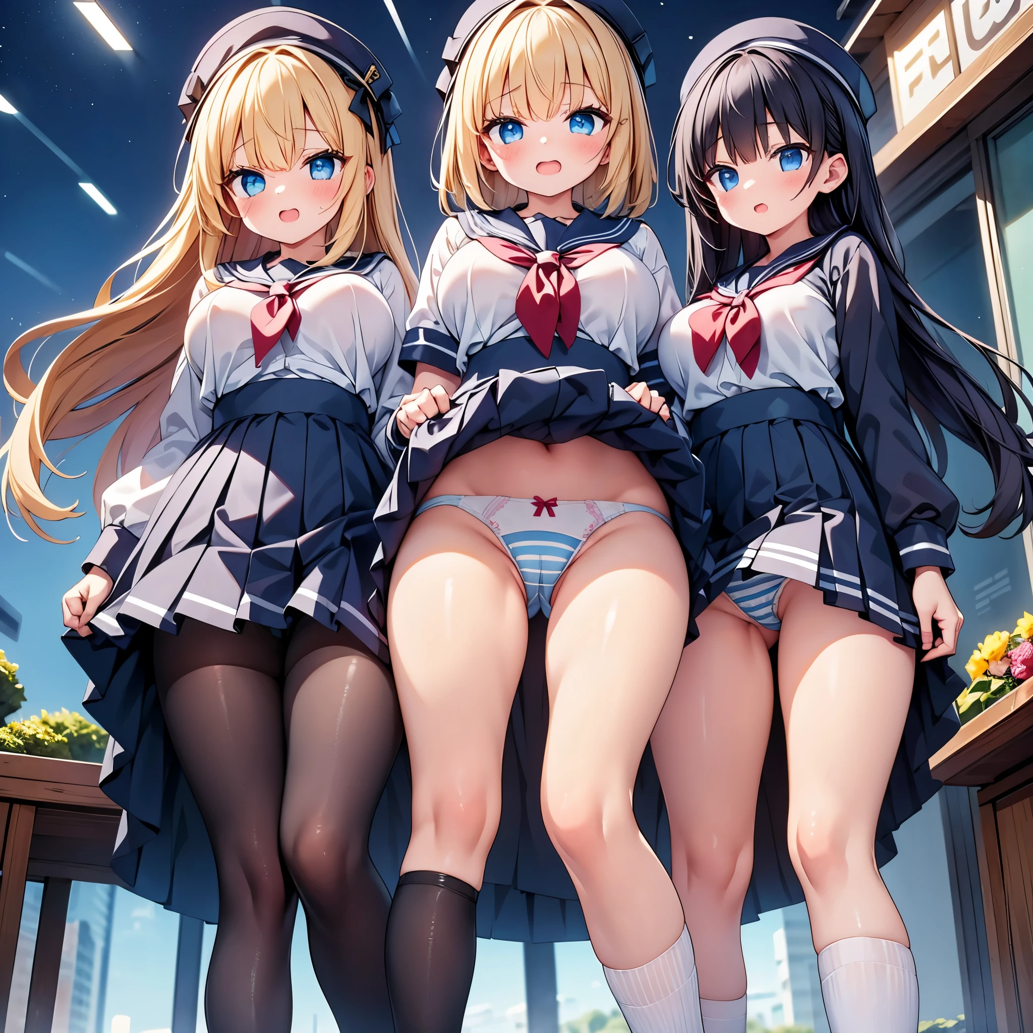 (cute eyes:1.2), (sparkling eyes:1.2),highest quality,wonderful,finely,extremely detailed CG Unity 8K wallpaper, (3 girls, Stand in line:1.3), (sailor uniform, clothed), (huge breasts), (open mouth:1.1), (long tongue:1.1), (mouth drool:1.1), (black stockings:1.1),(Thighs:1.2),(Waistline:1.1),(striped panties:1.1),(shirt lift:1.3), (showing panties:1.3), (from below:1.4)