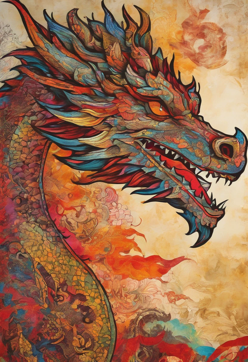 dragon cramoisi écarlate rougeoyant joyeux, posture dansante, regard enthousiaste joyeux, grand sourire, fond soleil rayonnant flammes ::2 colorful ink painting ::2 art fantasy