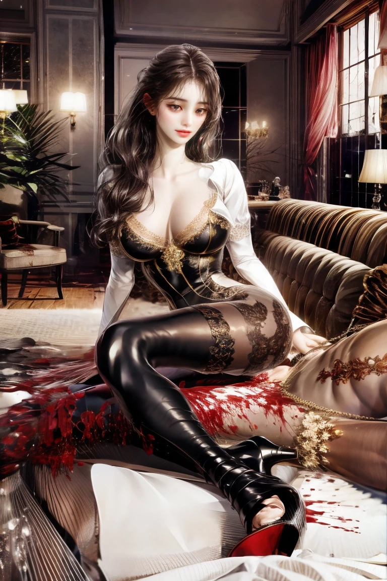 (masterpiece, best quality:1.2)，1 beautiful girl，multiple men，realistic，3d，Unreal Engine 5，skin texture，anatomically correct, comic storyboard, long hair,smile,barefoot,girl in lace top,sexy, girl in shiny legging, girl in high heels，cleavage,crossed legs,large breasts, naked male, standing ,trample，cuts,defloration,indoor,couple,femdom,hetero,saliva , mucus，femdom,blood on hands,blood splatter,male,open mouth,trembling, couch,sit,bruise man ,man closed eyes,dark skin man, man cum,bleeding man，man in tight underpants