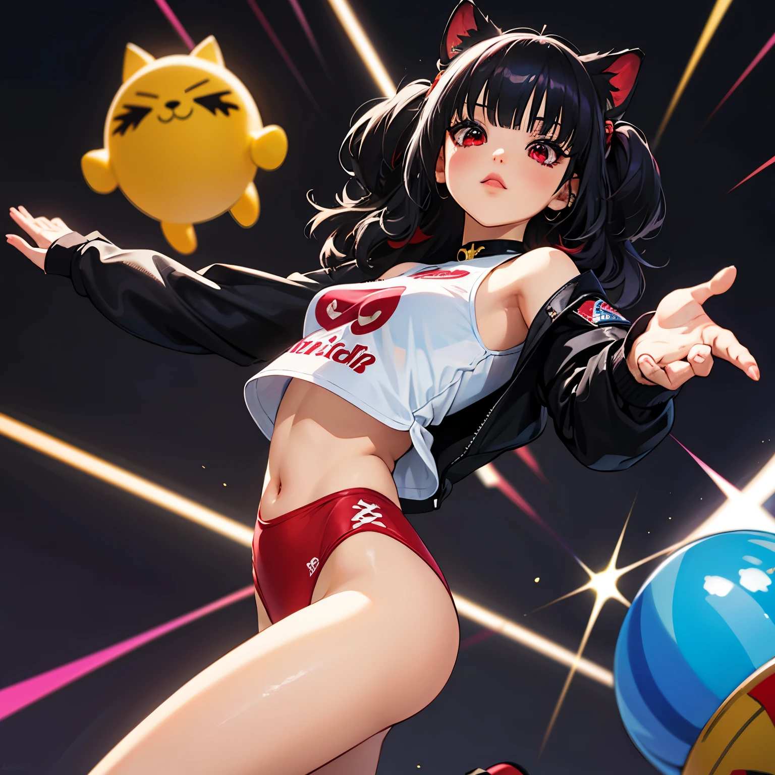 ((Obra maestra)), mejor calidad, absurdo, ultra detallado, holographic, tiro de vaquero, golden ratio, super cute girl, chica madura, idol girl, Super beautiful Asian girl with very beautiful bright red eyes., hermoso cabello negro brillante, orejas de gato,  cuerpo bonito y sexy, cuerpo delgado, cuerpo perfecto, wearing a super tight anime print leotard, A super tight off shoulder long sleeve crop top with anime print, A super aesthetic transparent mini jacket, hermoso adorno para el cabello, tenis jordan rosa, siendo fotografiado en una tienda del centro comercial,