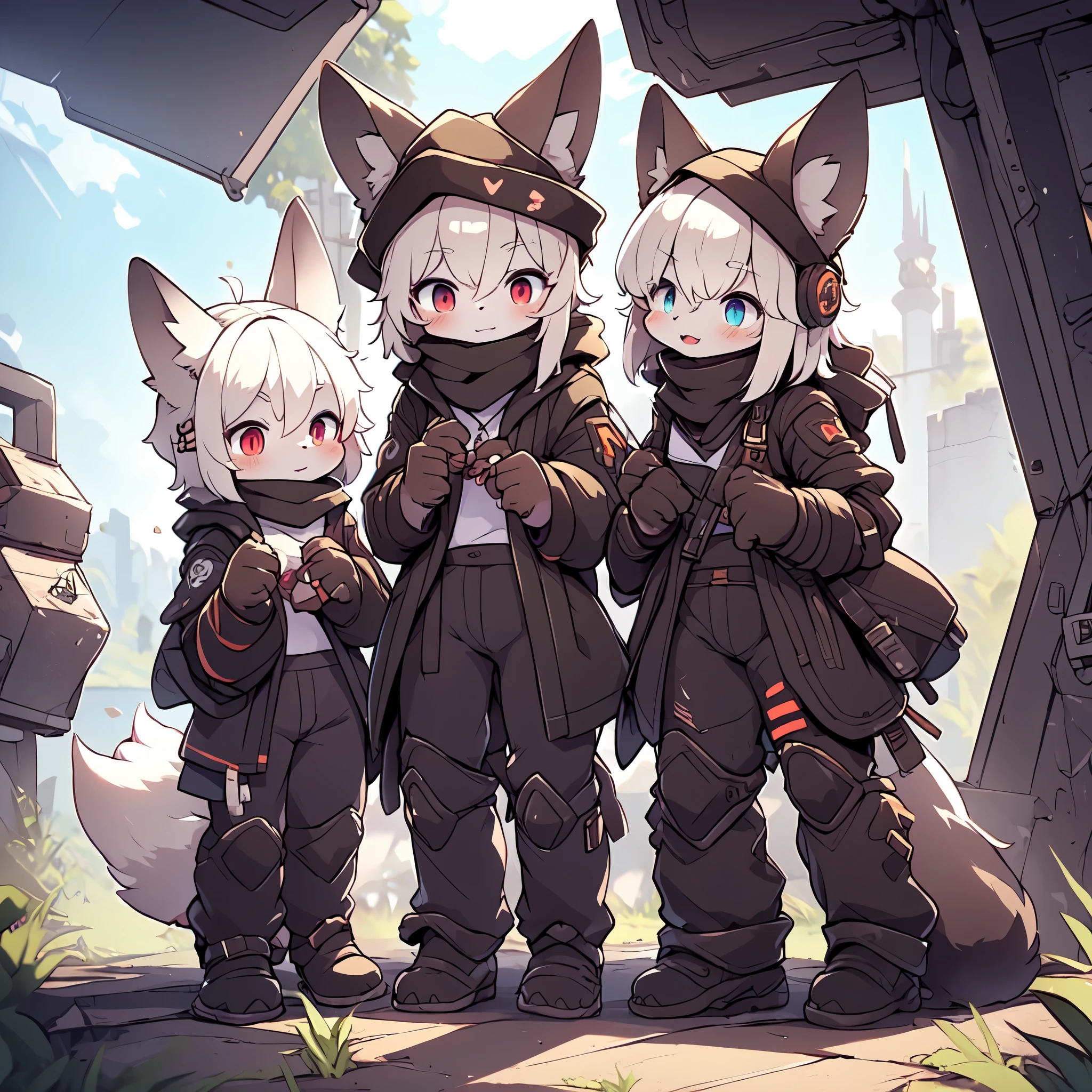 Kawaii, Striped Fluffy Fox, emaciated, long hair, 3girls, ruined city with dust wind, artificial synthetic skin, life support prosthetics, digital headphones, black tight latex bodysuit, white long dress, thigh-high-socks, shorts, loose off-the-shoulder hood open jacket, holsters in thigh, Mechanical boots, tactical knee pads, tactical belted loose Arm Sleeves, division, cybernetic Display gloves, chest rigs, tactical belts, blue archive halo, bulletproof goggles on forehead, from Ark nights,