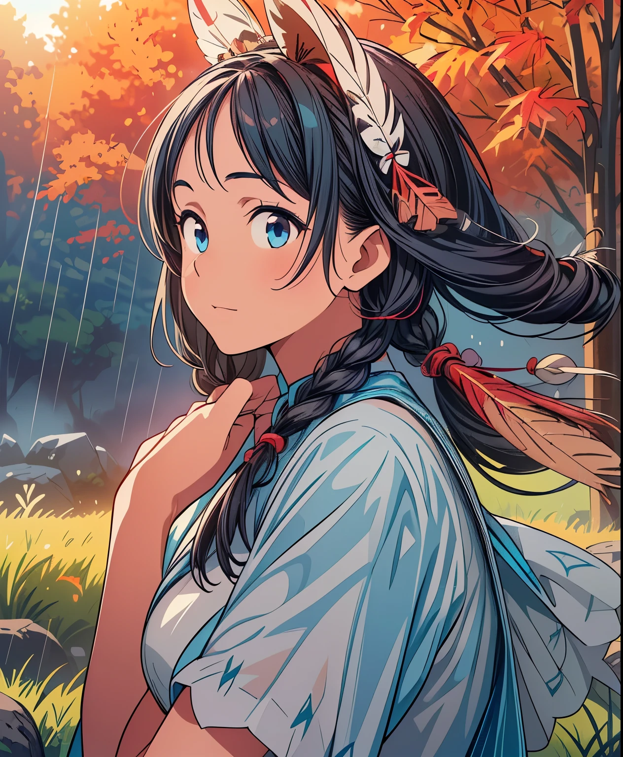 (masterpiece、highest quality、highest quality、Official Art、Beautiful and beautiful:1.2)、(One girl:1.3)Hatsune Miku、Twin tails,Big Breasts,  score_9, score_8_On top of that, score_7_On top of that, score_6_On top of that, Classification_Explicit, 1 girl, ((18 years:1.2)),(Best Quality,High resolution,Super detailed,Actual),Native American Ariana Grande,(Wild Indian Native American:1.4), Lip, Big bright eyes, light blue eyes, ((By Ruby:1)), (cabello ondulado length trenzado nativo indio: 1.2), (female Born in the USA:1.4) ,(Native Indian Feathers :1.4), (Facial details: 1.5, Bright Blue Eyes, Beautiful Face, Cute eyes, Iris Coating, labios Delgados: 1.5, Delgado, Pale, sharp eyebrows, length, Thick eyelashes, Double Tab),(Perfect hand detail : 1.4 ) , (Big leaves in the forest background :1.4), (Born in the USA v2.1), (Born in the USA:1.4), (fondo desierto casa Born in the USA:1.4), (dynamic cowboy pose),(( Beautiful American Indian Warrior:1.4), (Beautiful American Indian Warrior: v2.1)) , (Bright colors), (Big stone background:1.4 ), (Grassland Background :1.4), (It rains:1.4), (Autumn on the prairie :1.4), (vestidor Born in the USA:1.4), (realistic v2.1), (Perfect Anatomy) 