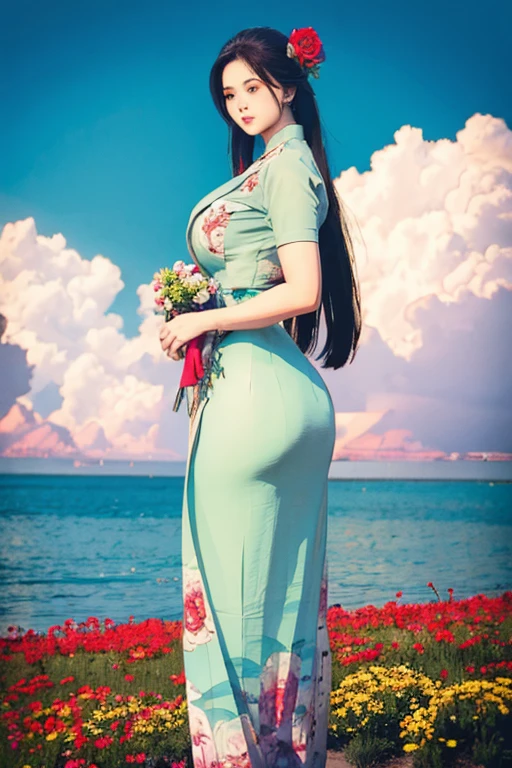 a beautiful girl in vintage colors aodai, masterpiece ,(Dye painting) ( all color dress ) wrapped in a large flower print( flower silk ..... with ) best quality, realistic:1.3, street, cyberpunk, holding bundle of adubon sunlight, backlighting, (well pper Adhere to clear natural light hdr))full budy, big ass (Remove extra limbs, remove accurately) intricate scene, artstation, intricate details, vignettefulbudy(cartoon)