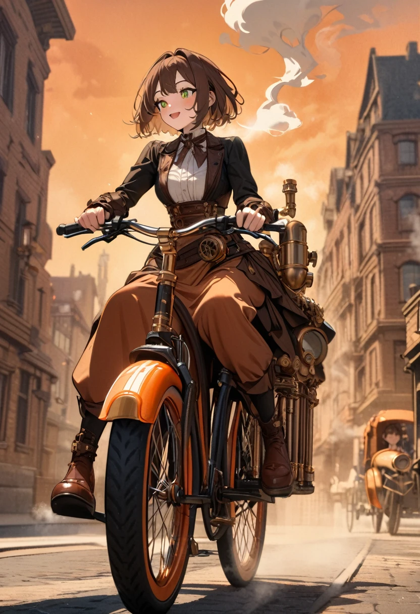 masterpiece, best quality, ultra detailed, intricate details, absurdres, newest, 1girl, brown hair, short hair, steampunk, yellowgreen eyes, smile,upper body, ride a crasical bike through the city, orange bike, (boiler on bicycle:1.2),( steam is blowing out, pipe:1.3), gear,the background is sunset sky and orange clouds, Victorian style streetscape