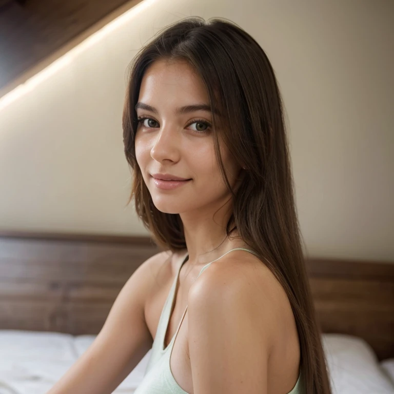 Photography, ultra realistic, woman at the beach long hair and a light green shirt, beautiful, facing the camera, shoulders facing the lens, sunny day, smile, very realistic skin texture, skin pores visible, natural light, well lit, best quality, high resolution, detailed, UHD